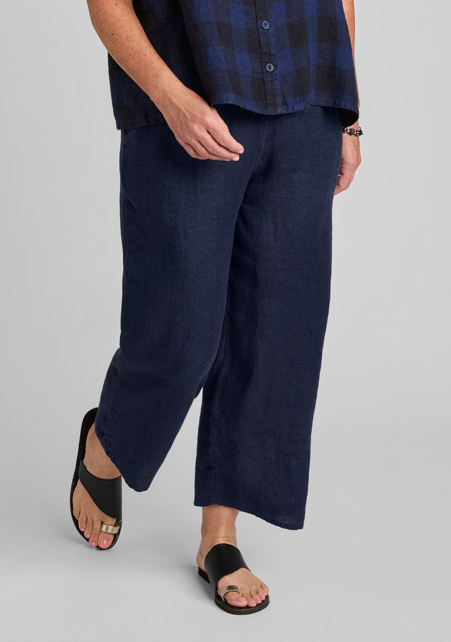 floods linen pants with elastic waist blue melange