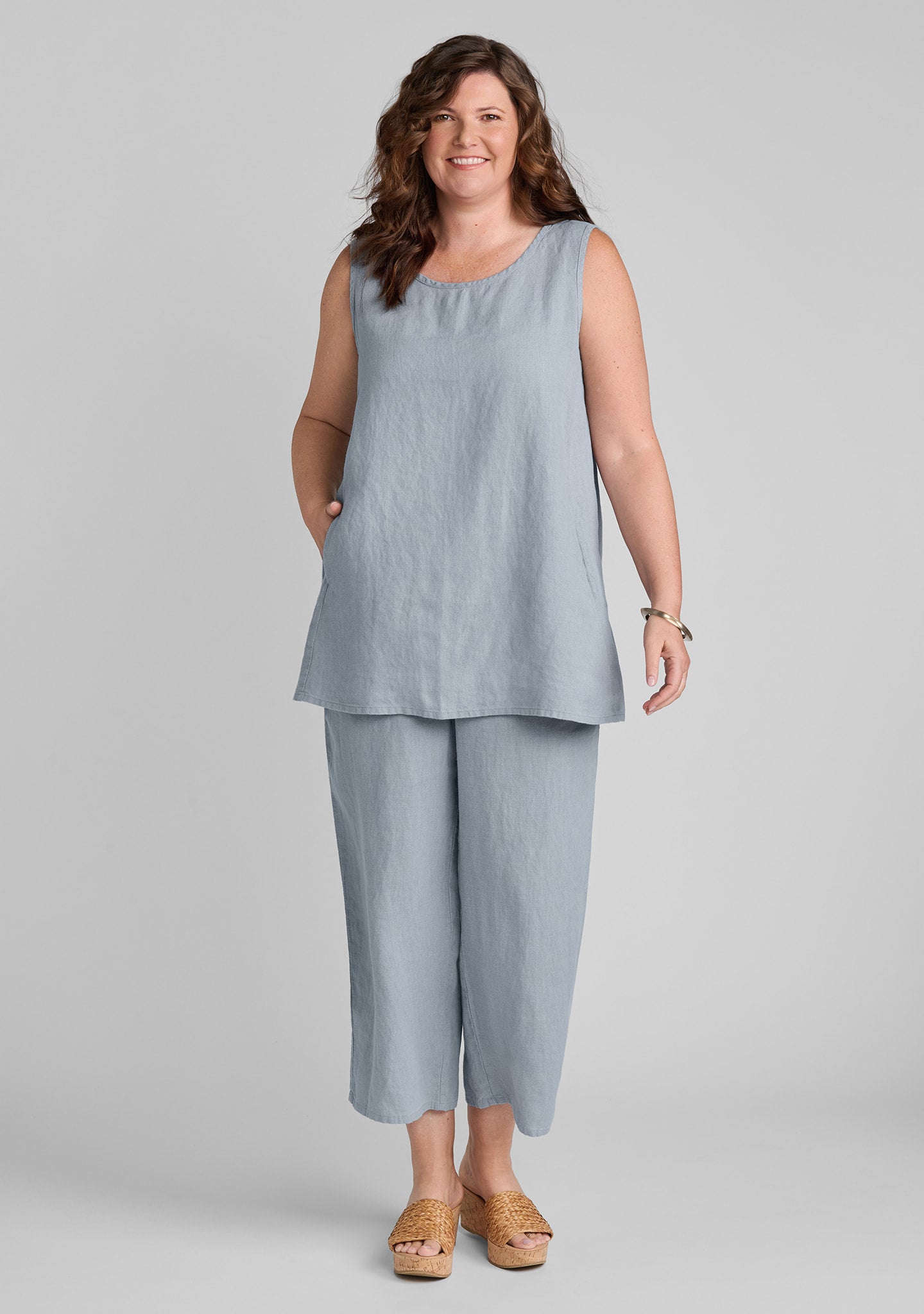 FLAX linen tank in blue with linen pants in blue