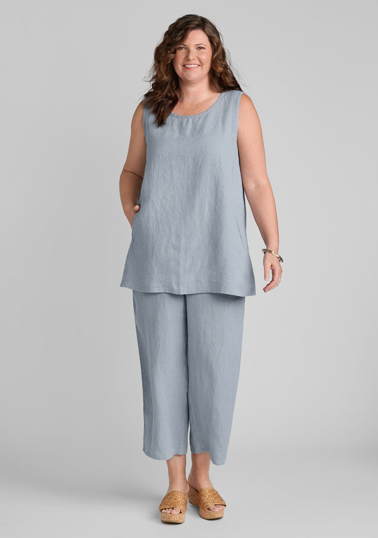 FLAX linen tank in blue with linen pants in blue