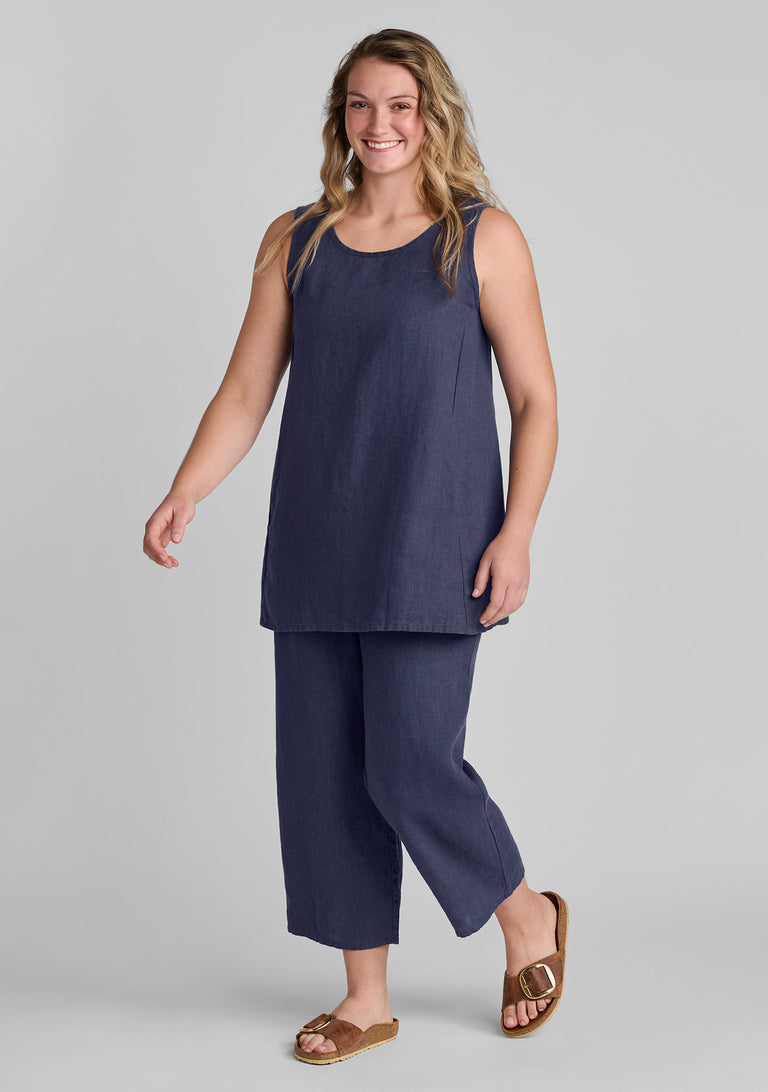 FLAX linen tank in blue with linen pants in blue