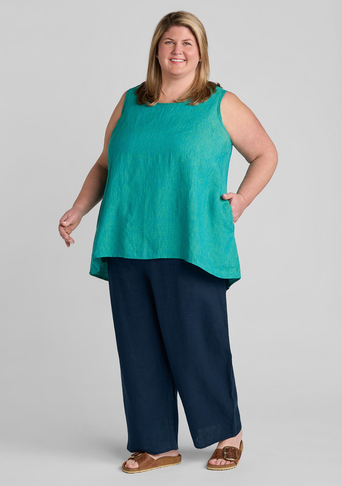 FLAX linen tank top in green with linen pants in blue