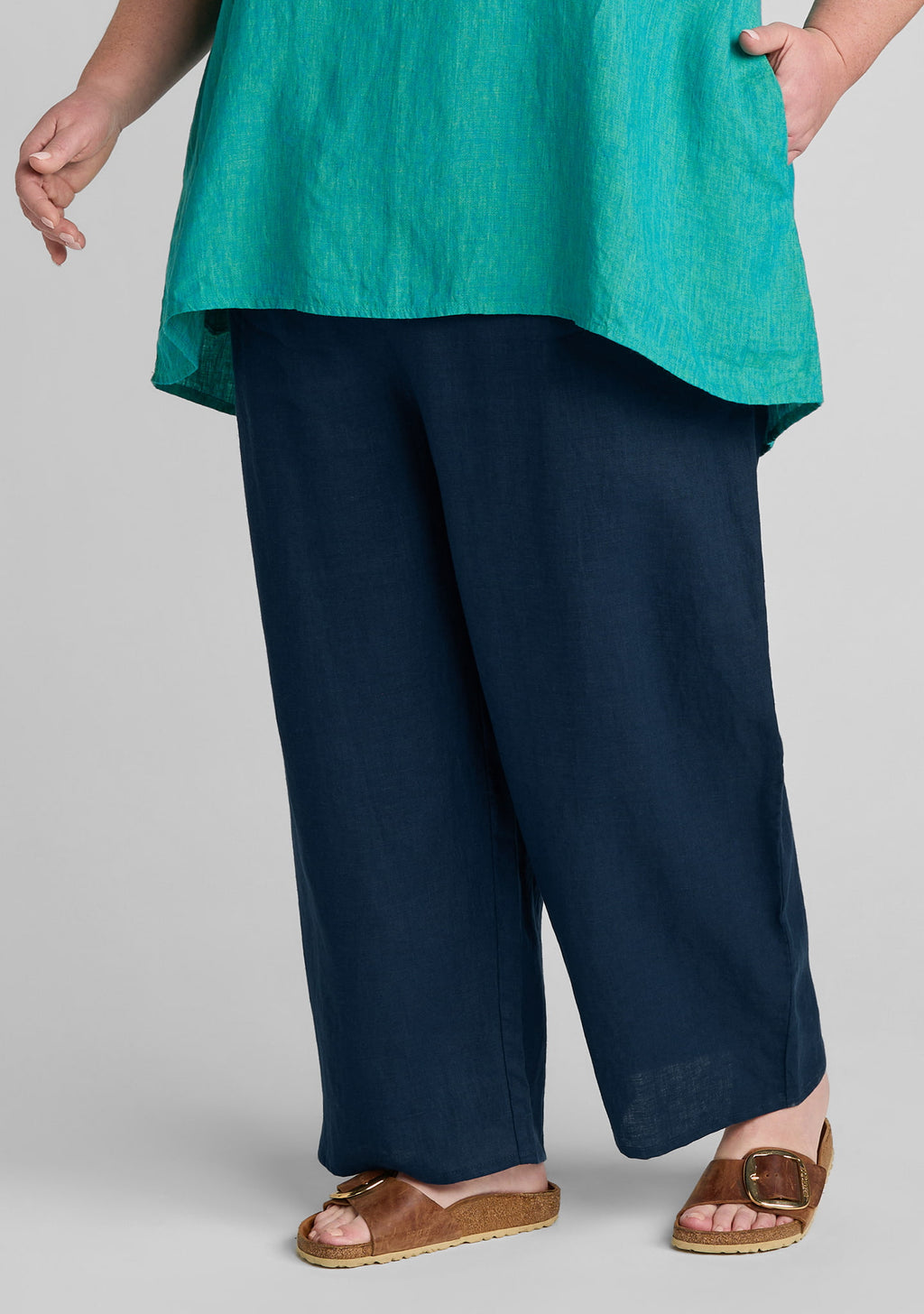 floods linen pants with elastic waist blue