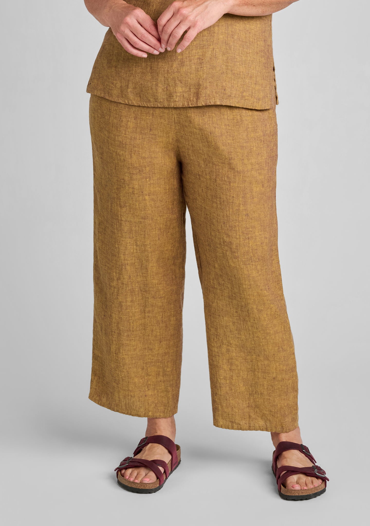 floods linen pants with elastic waist brown