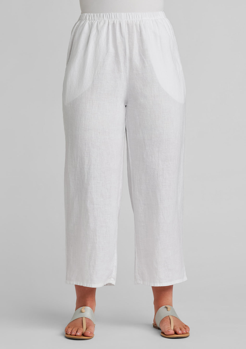 view of waistband on white linen pants for women