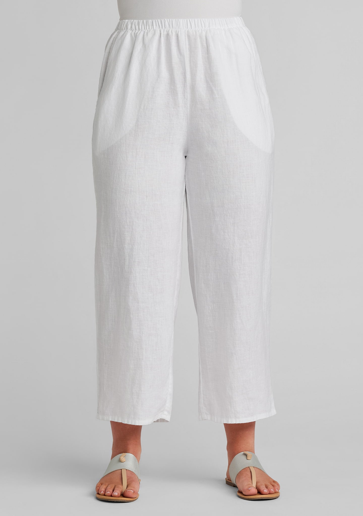 view of waistband on white linen pants for women