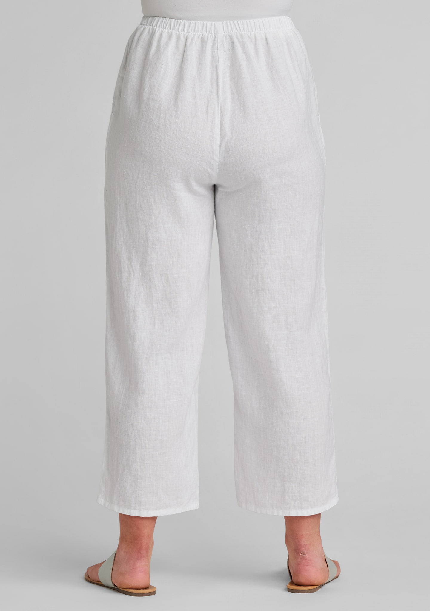back view of waistband on women's white linen pants