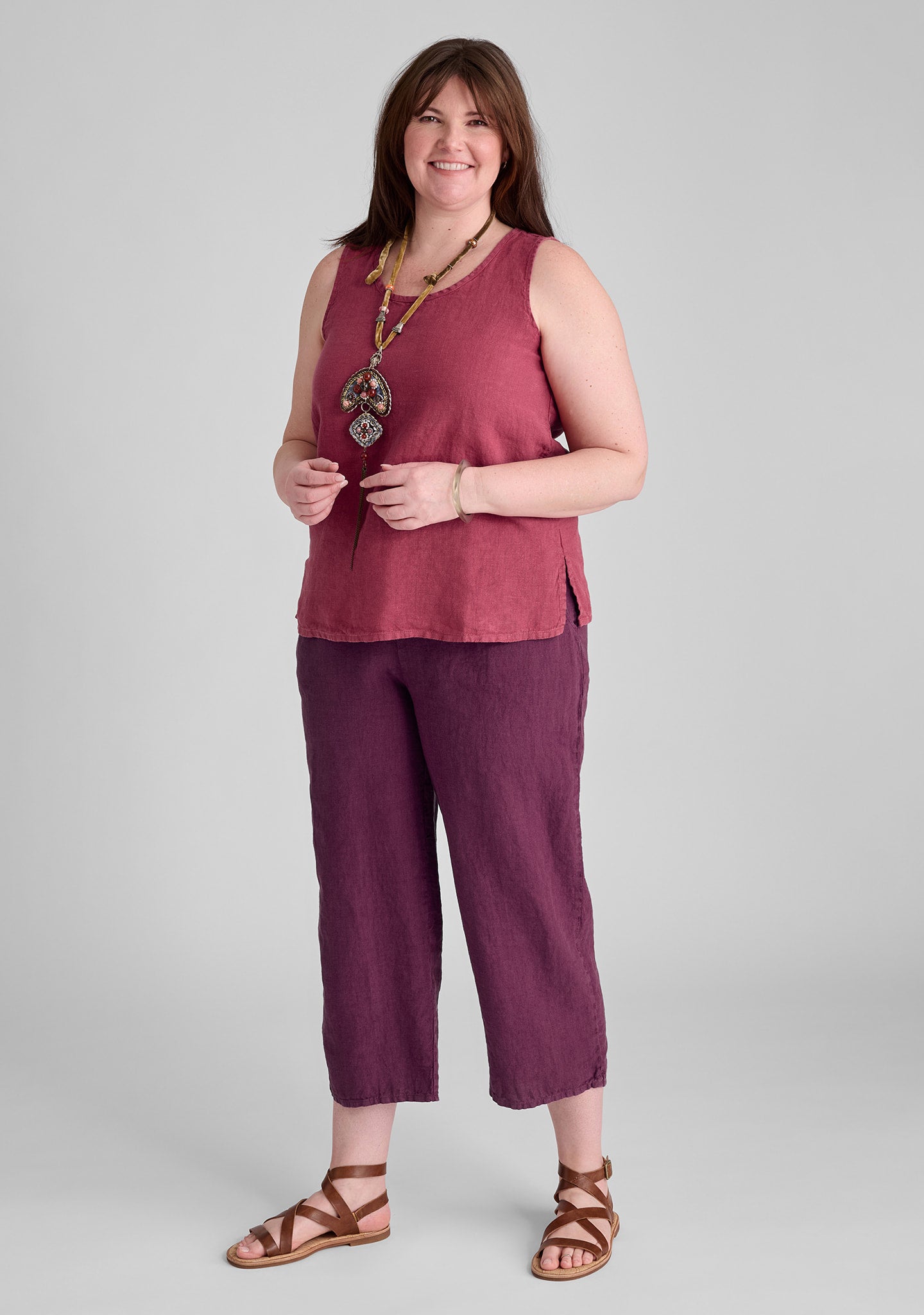 FLAX linen tank in red and linen pants in purple