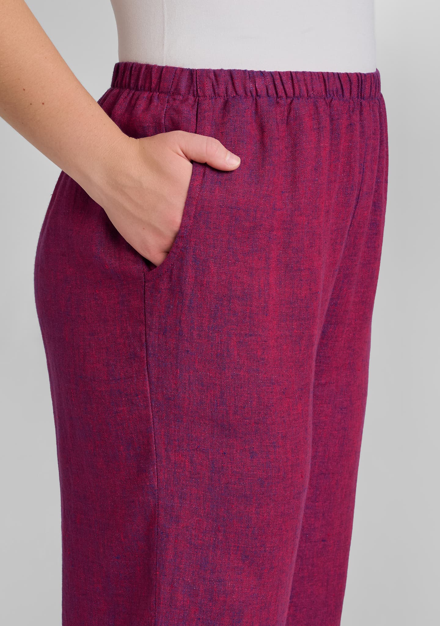 side view of linen pants and pocket detail