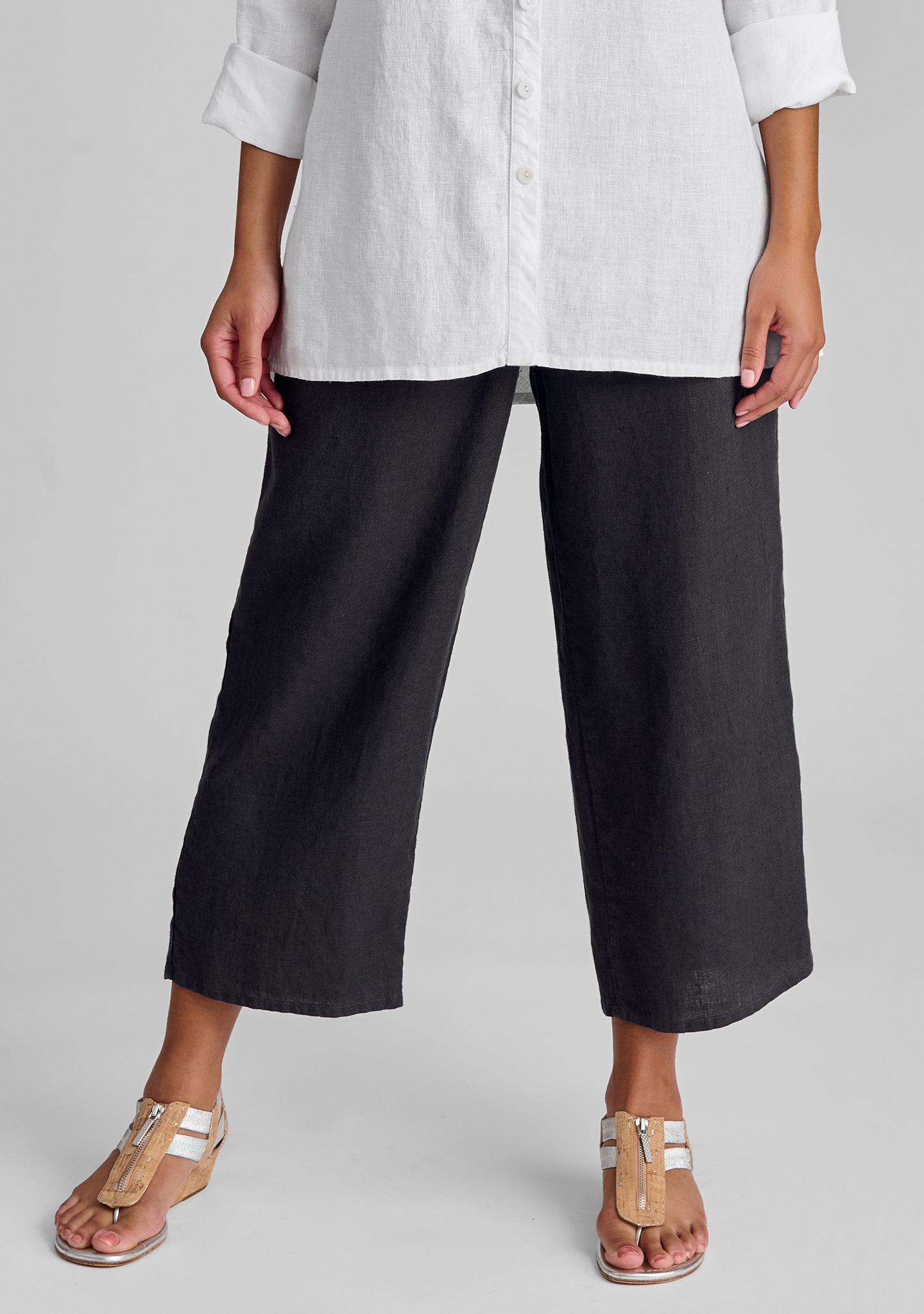 floods linen pants with elastic waist grey