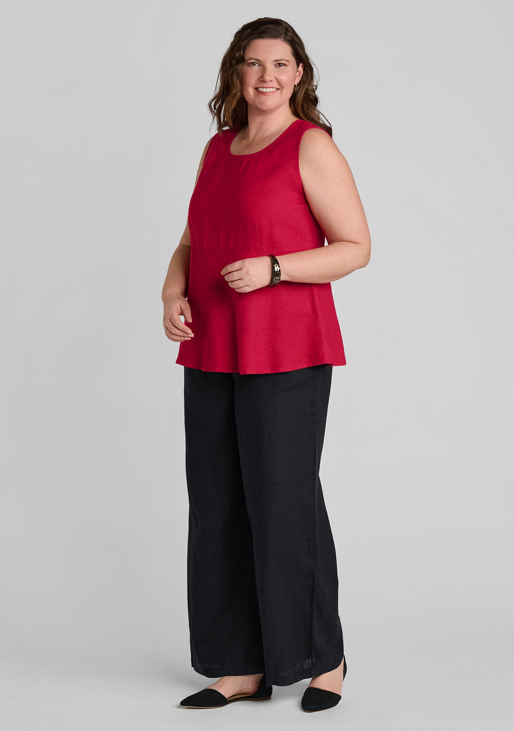 women's linen tank top in red with linen pants in black