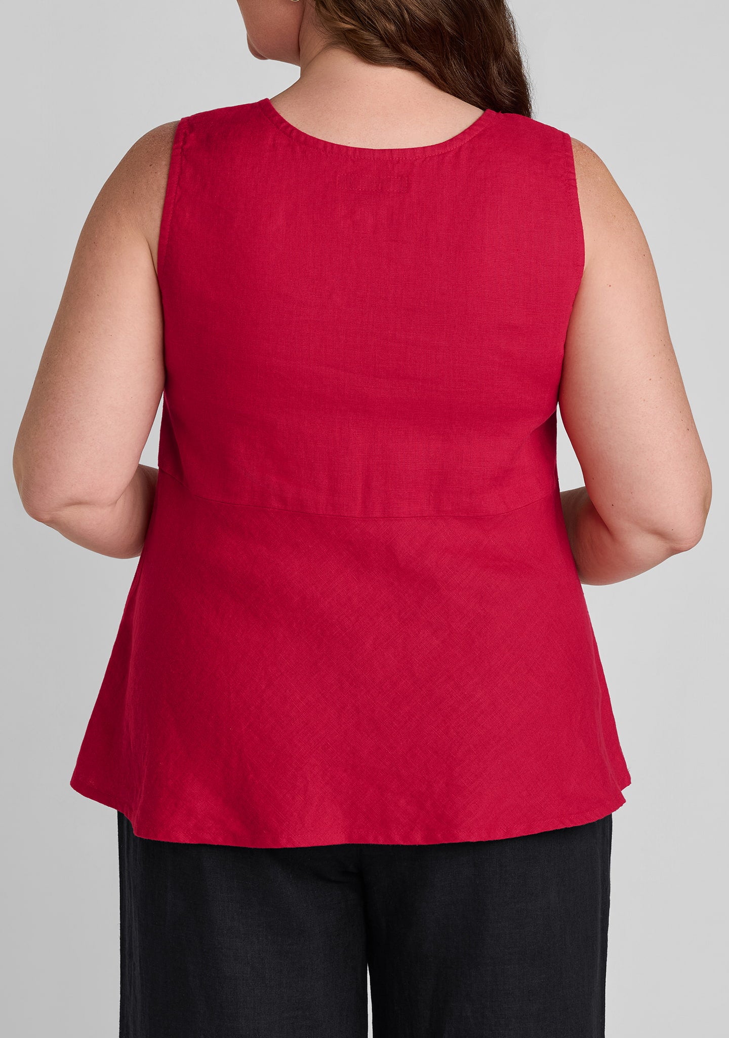back view of women's linen tank top in red