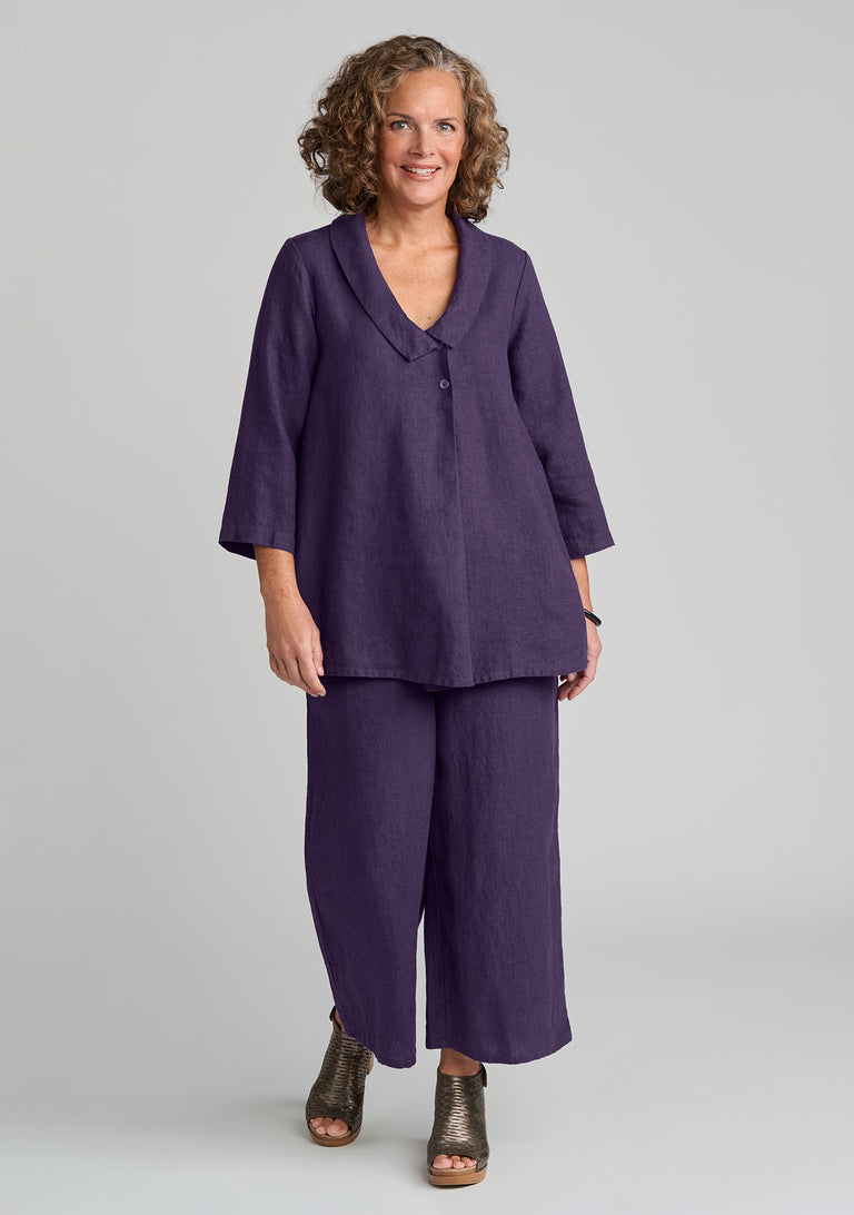FLAX linen blouse in purple with linen pants in purple
