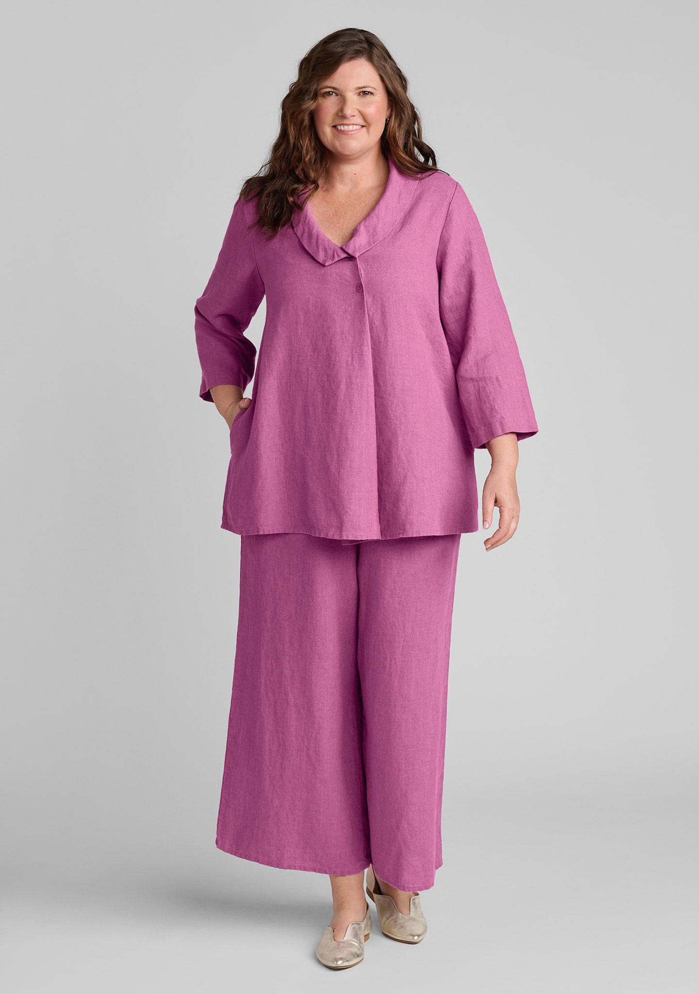 FLAX linen shirt in pink with linen pants in pink