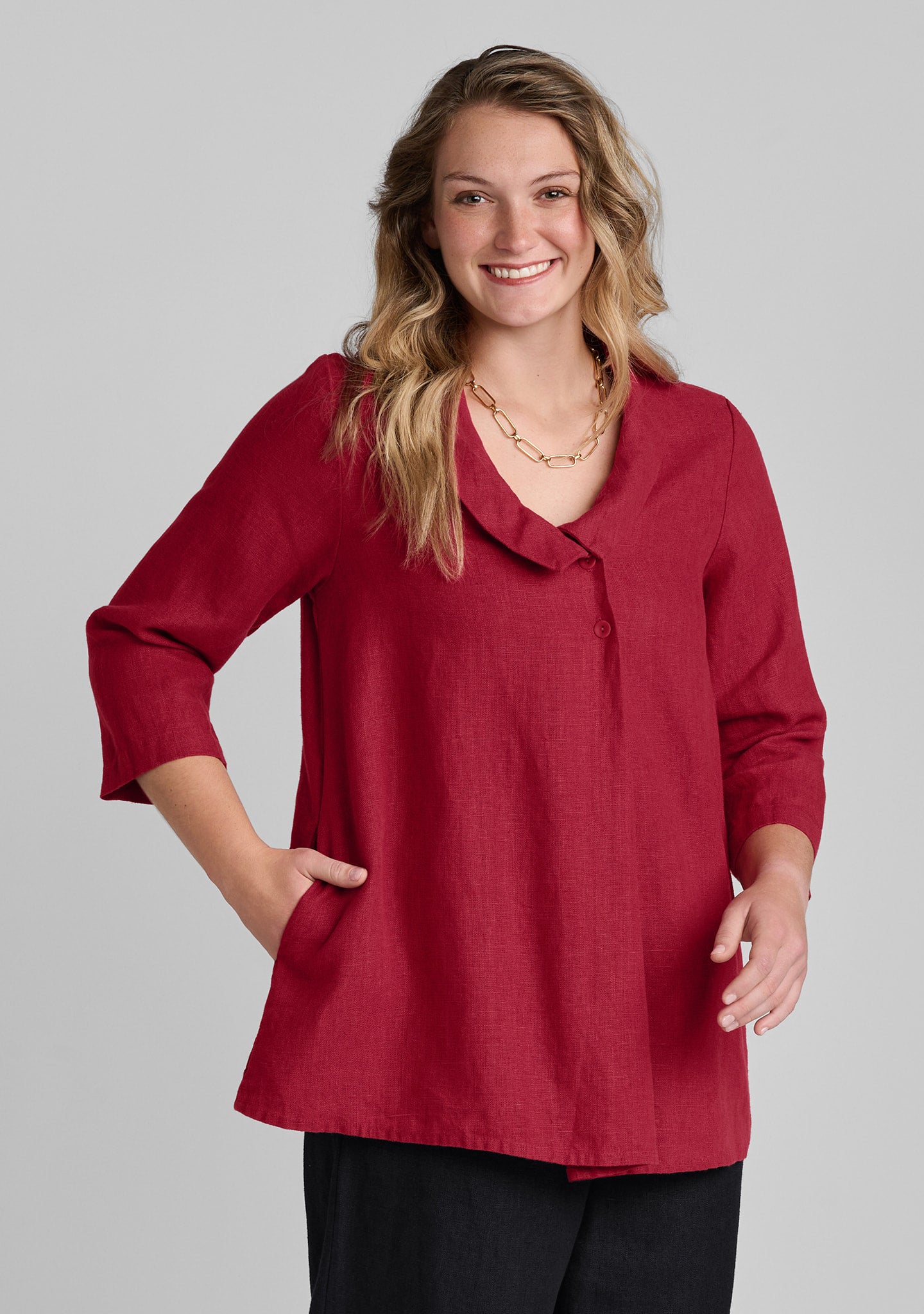 Folded Blouse - Linen Pullover - Crimson