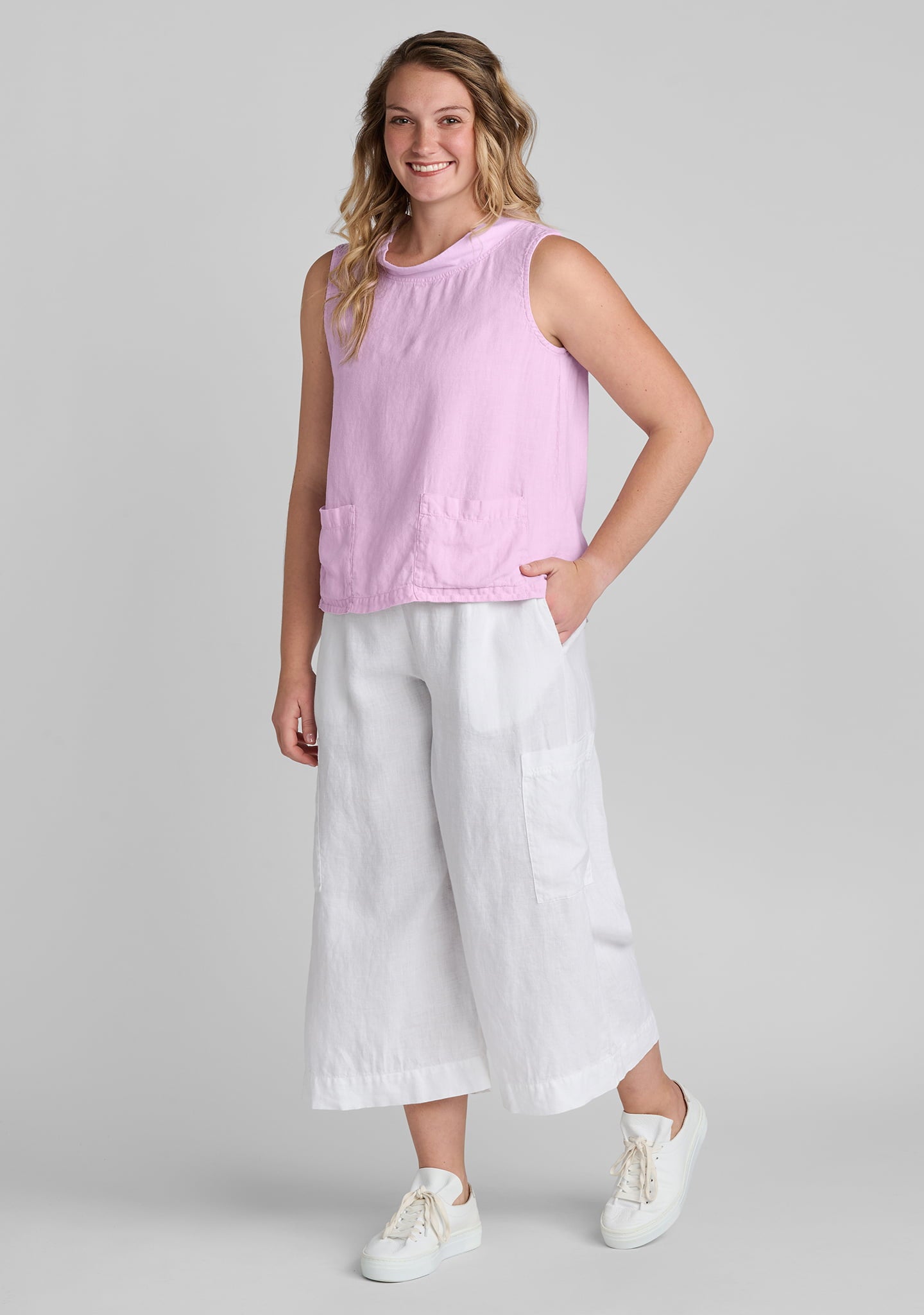 FLAX linen tank top in pink with linen pants in white