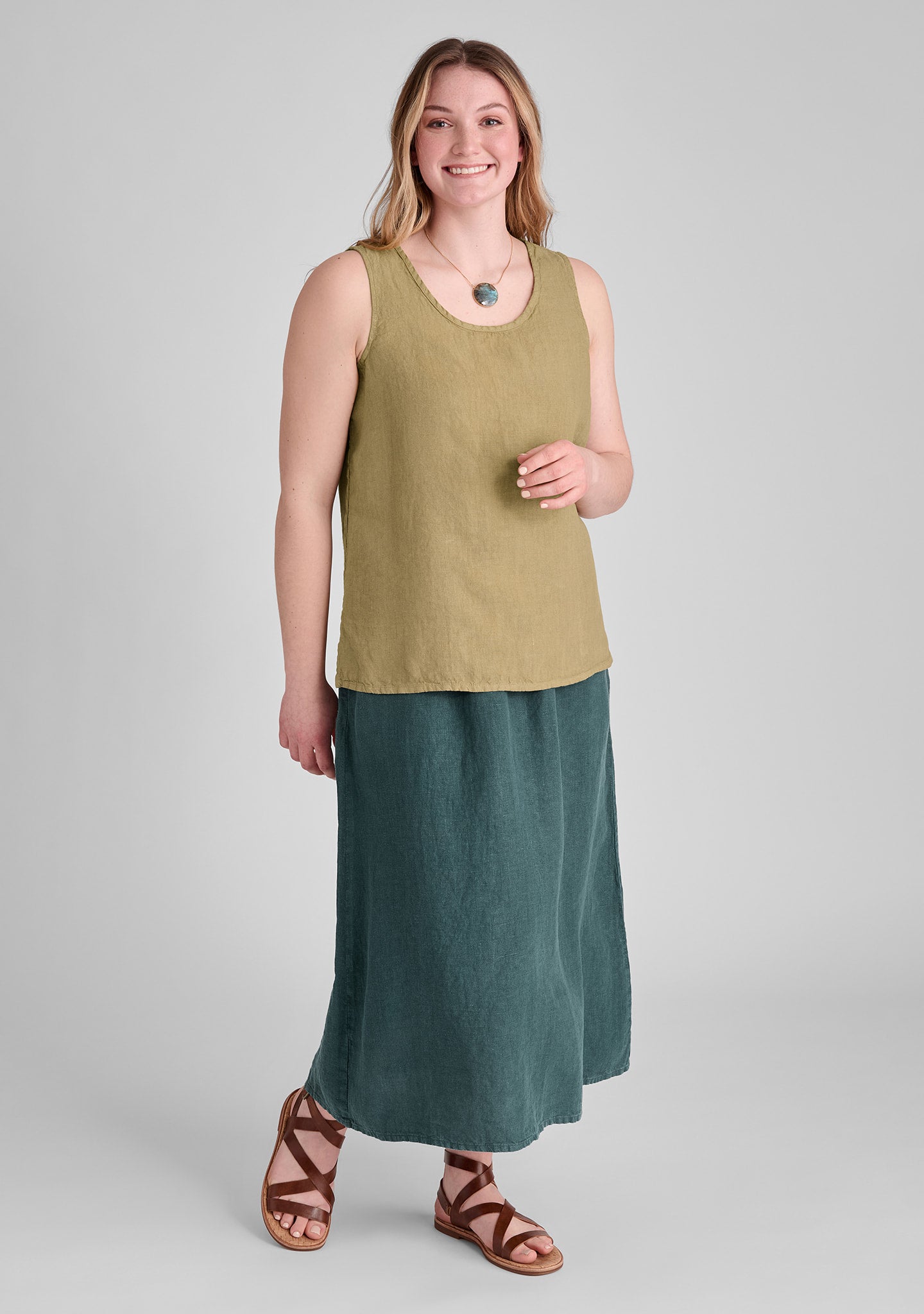 FLAX linen tank in green and linen skirt in green