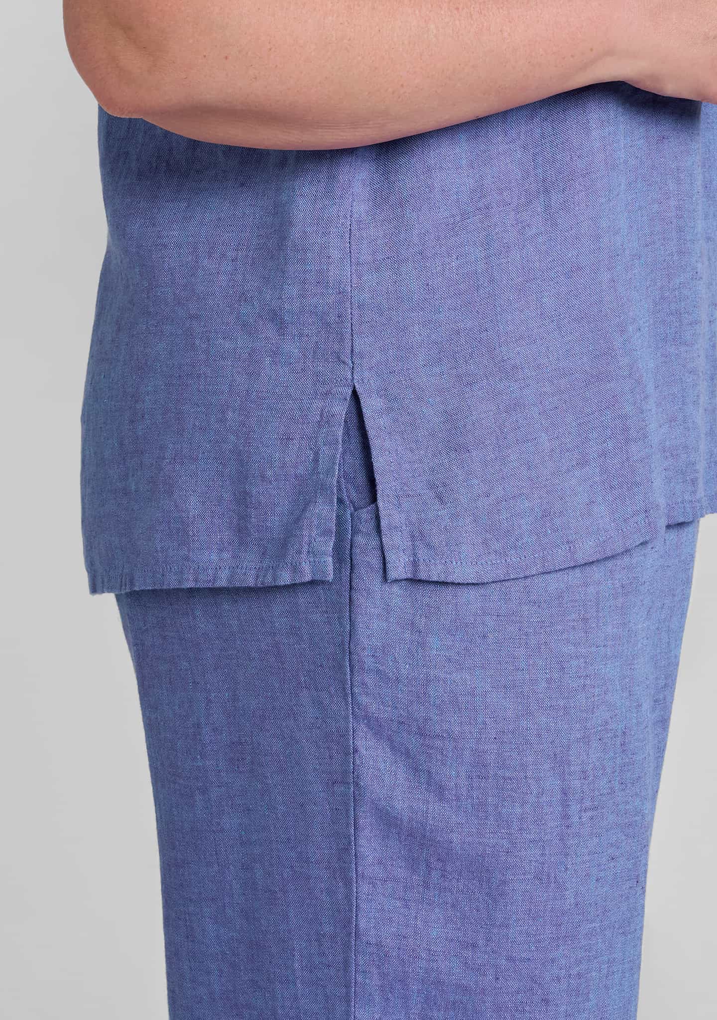 side view of slit on linen tank top in purple