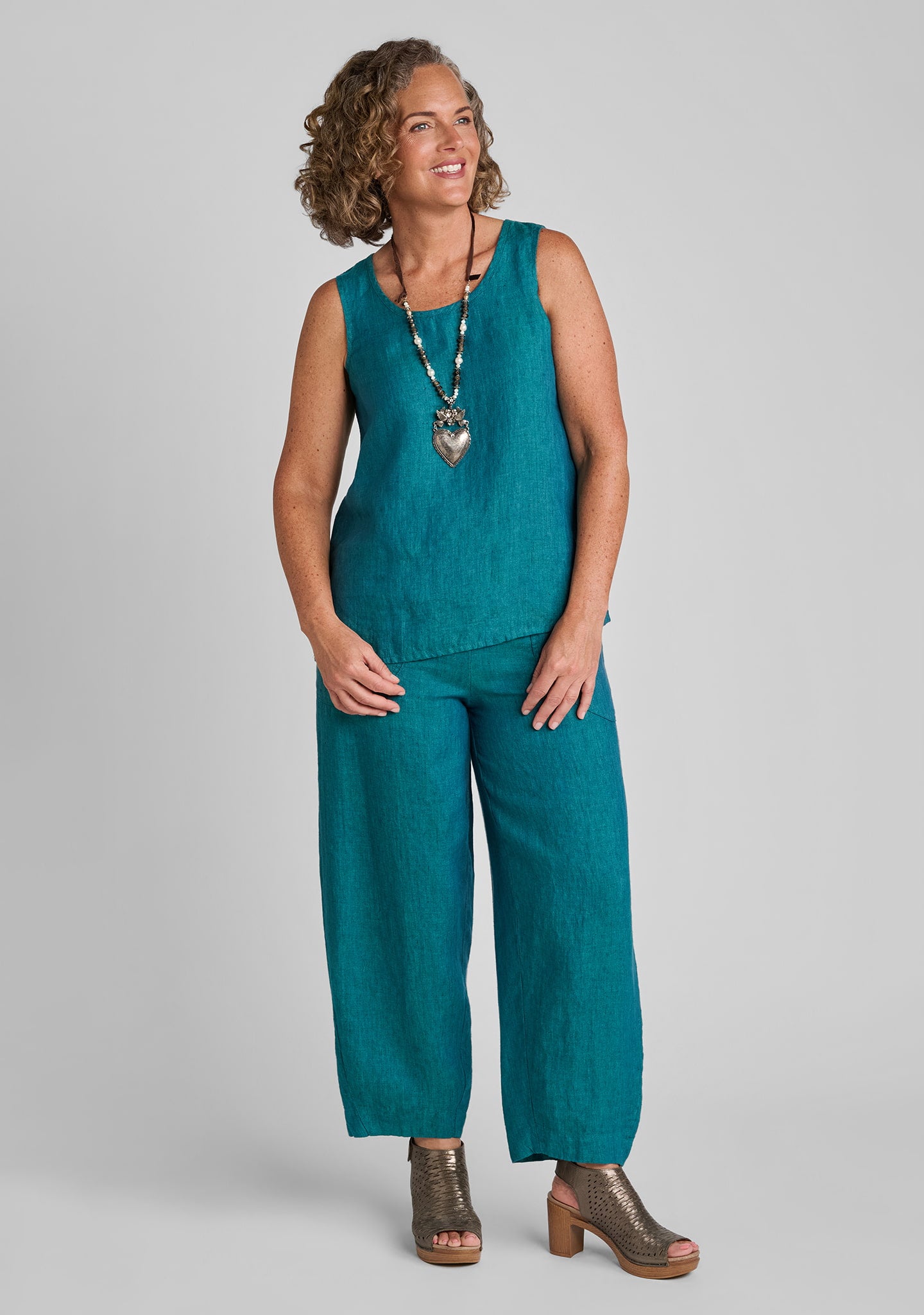 FLAX linen tank top in green with linen pants in green