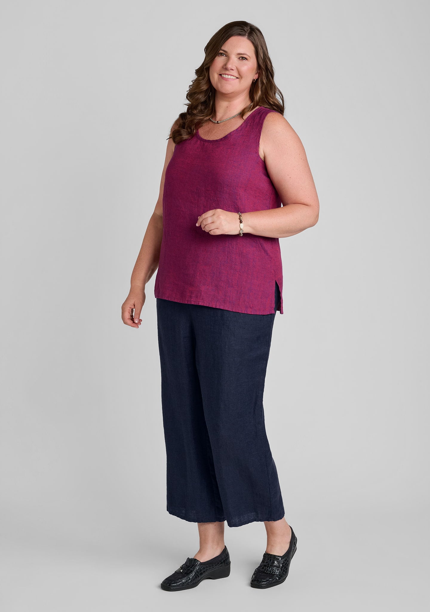 FLAX linen tank top in red with linen pants in blue