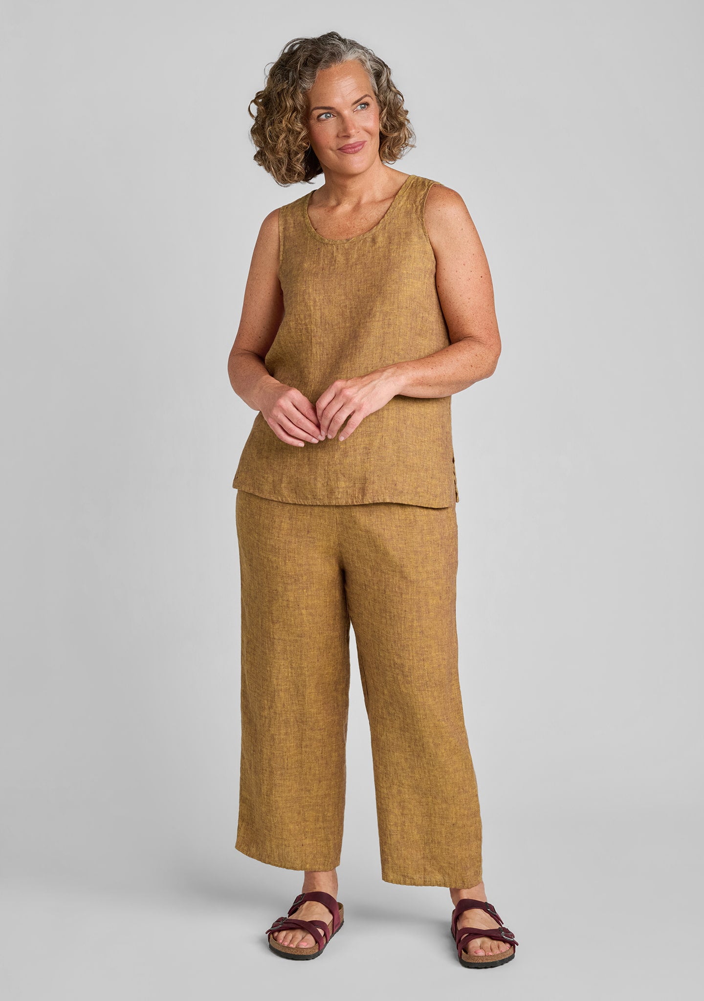 FLAX linen tank top in brown with linen pants in brown
