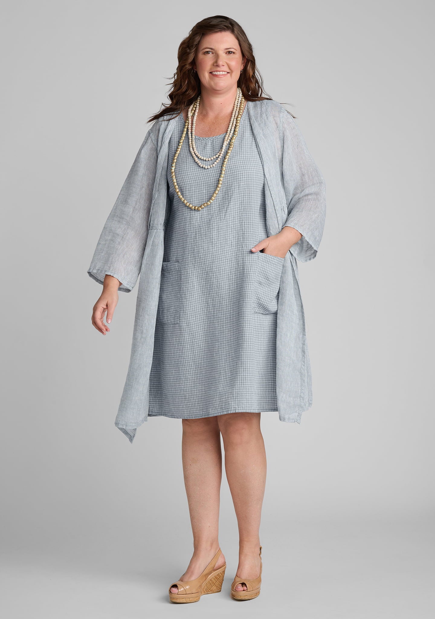 Gathered Back Dress - Linen Shift Dress - Mineral Gingham