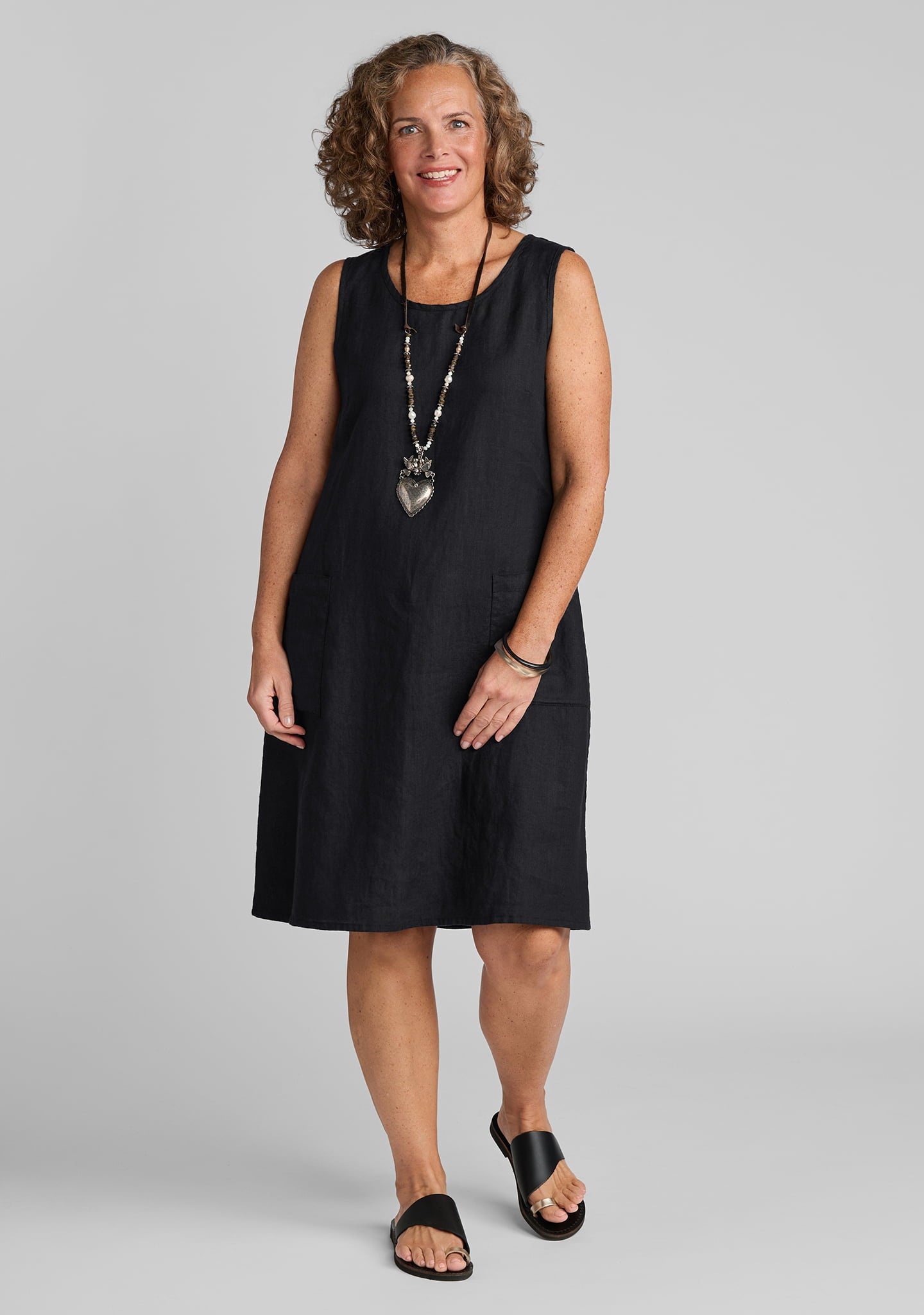 Gathered Back Dress - Linen Shift Dress - Black