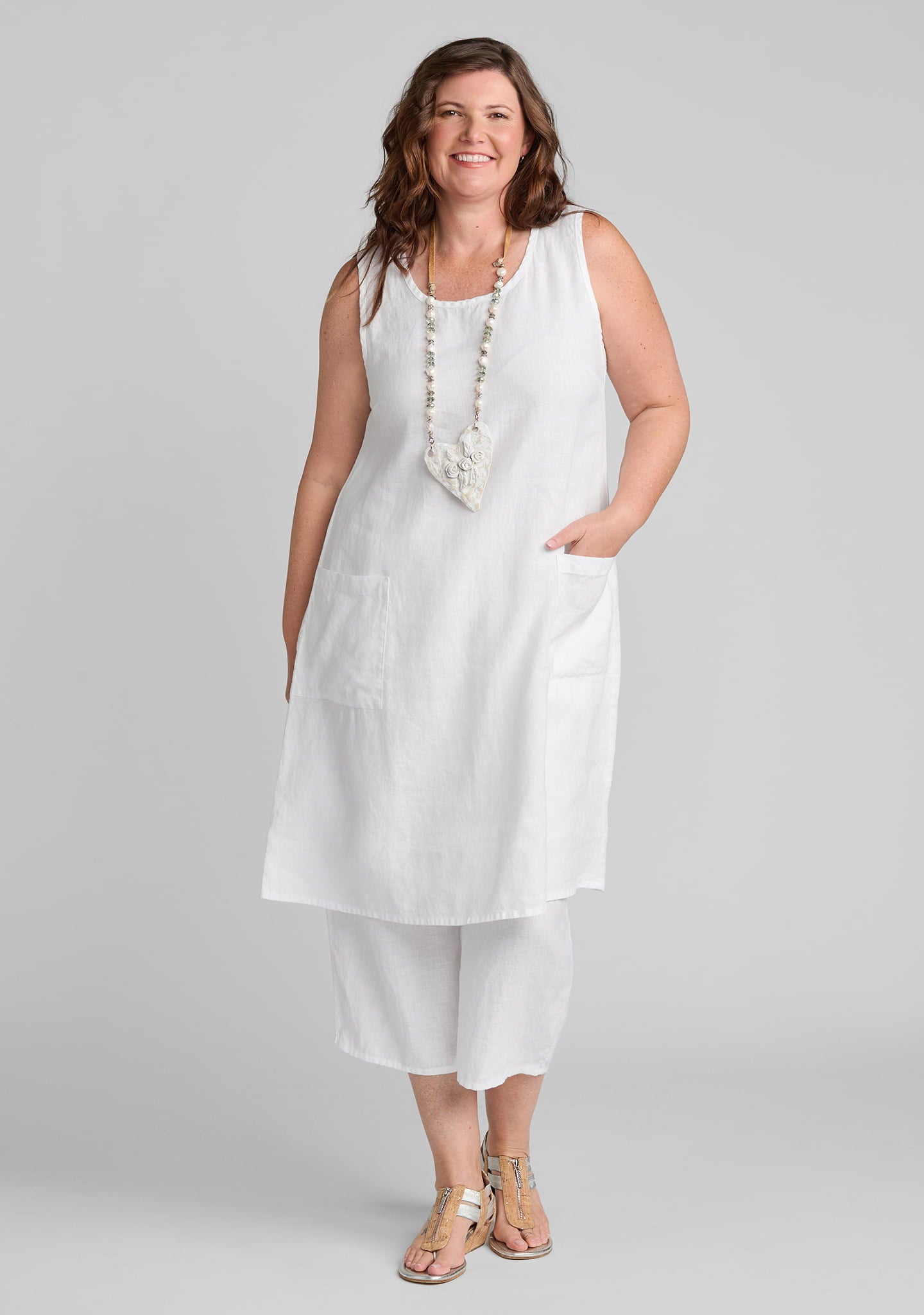 Gathered Back Dress - Linen Shift Dress - White