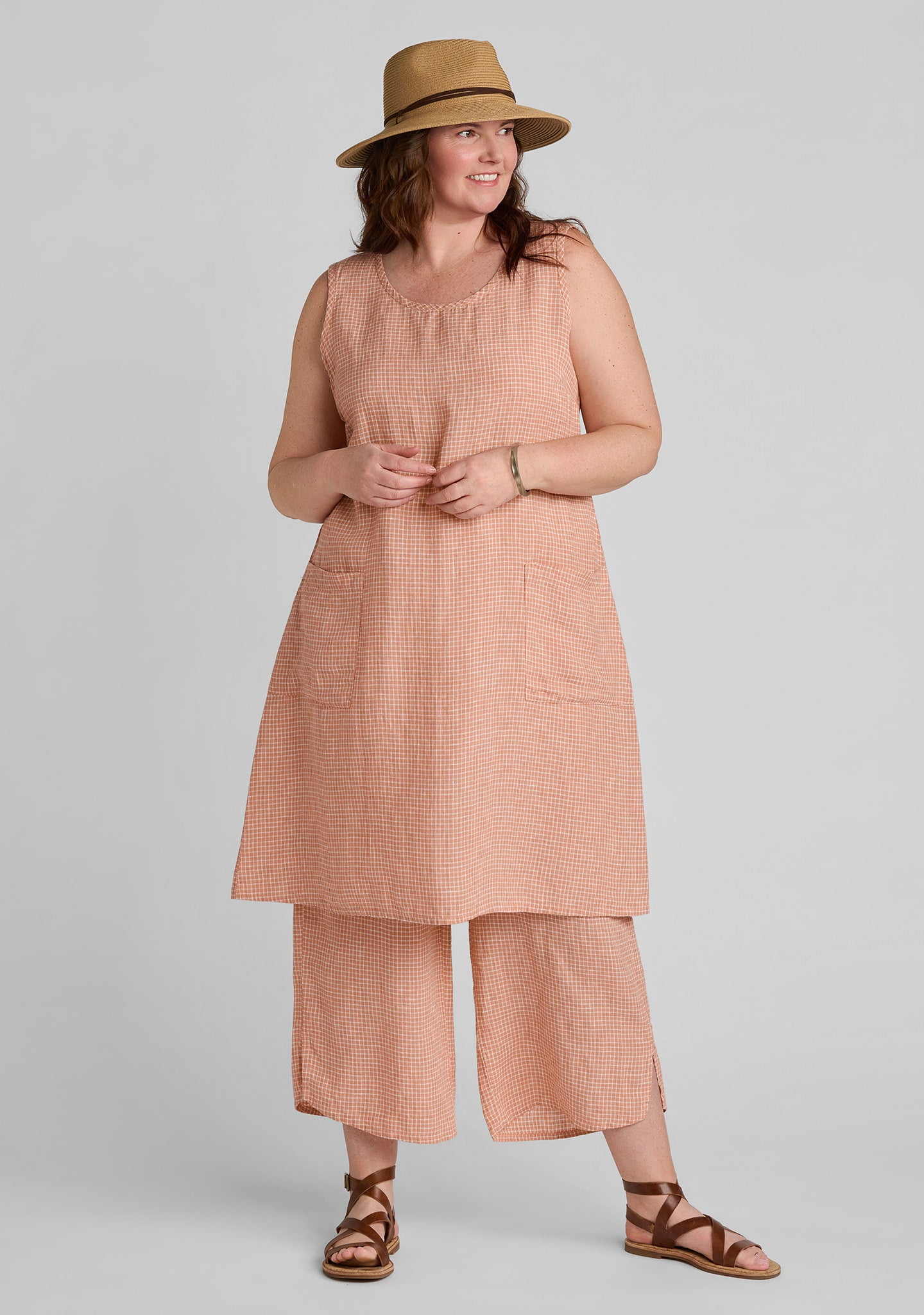 Gathered Back Dress - Linen Shift Dress - Apricot Gingham