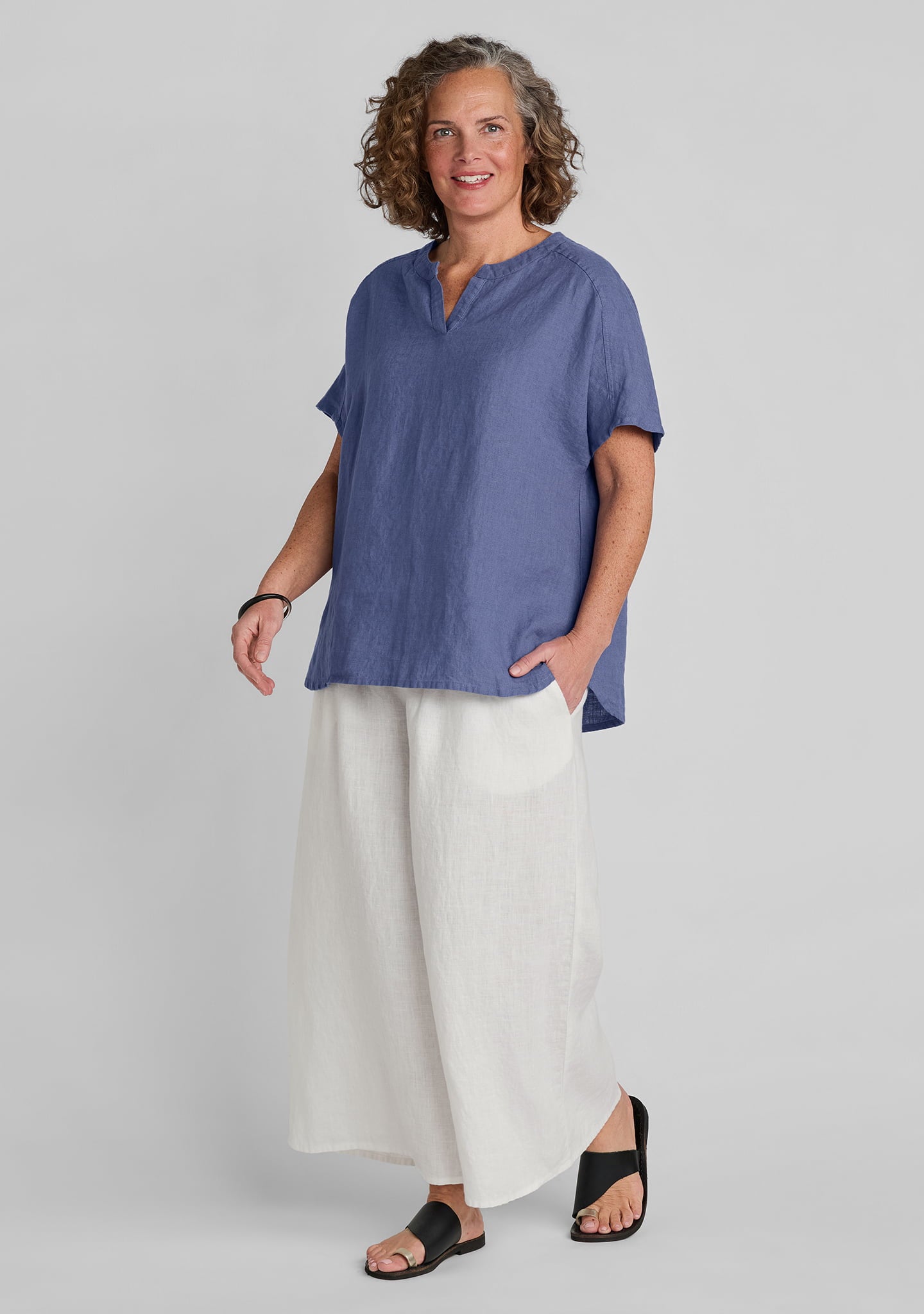 linen shirt in blue with linen pants in white
