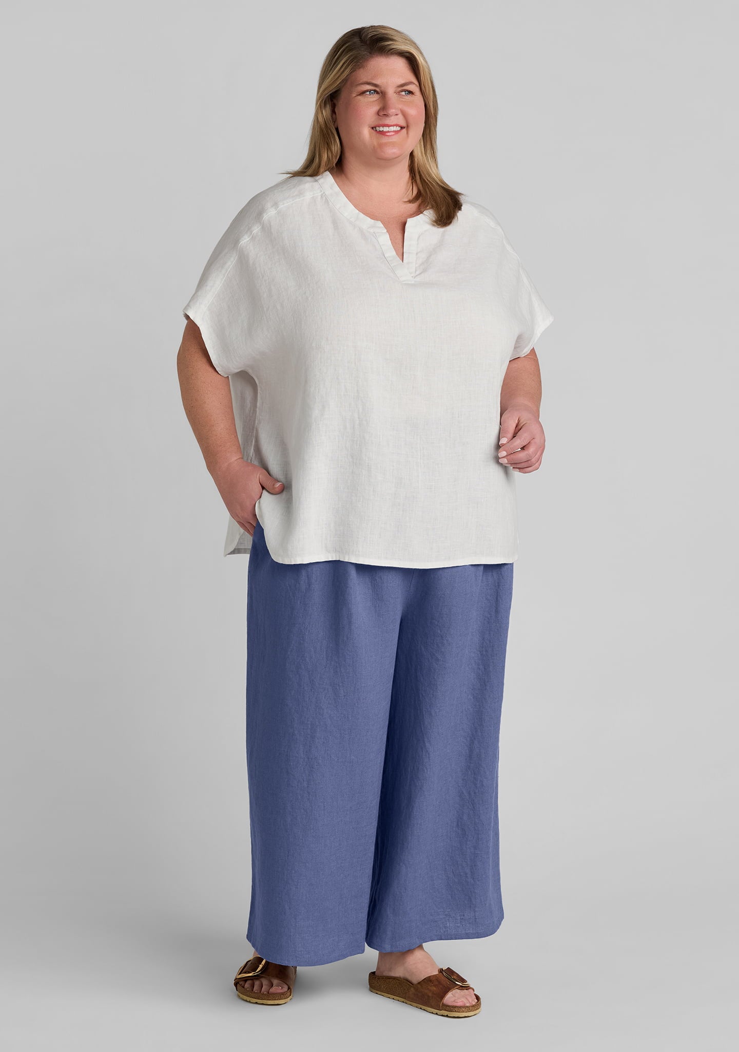 linen shirt in white with linen pants in blue