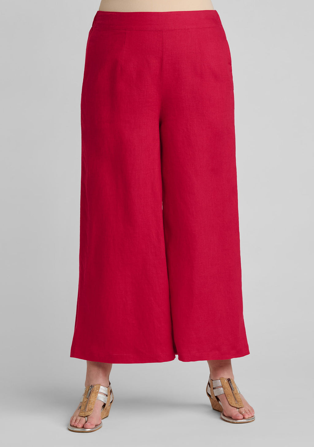 front view of women's linen pants in red
