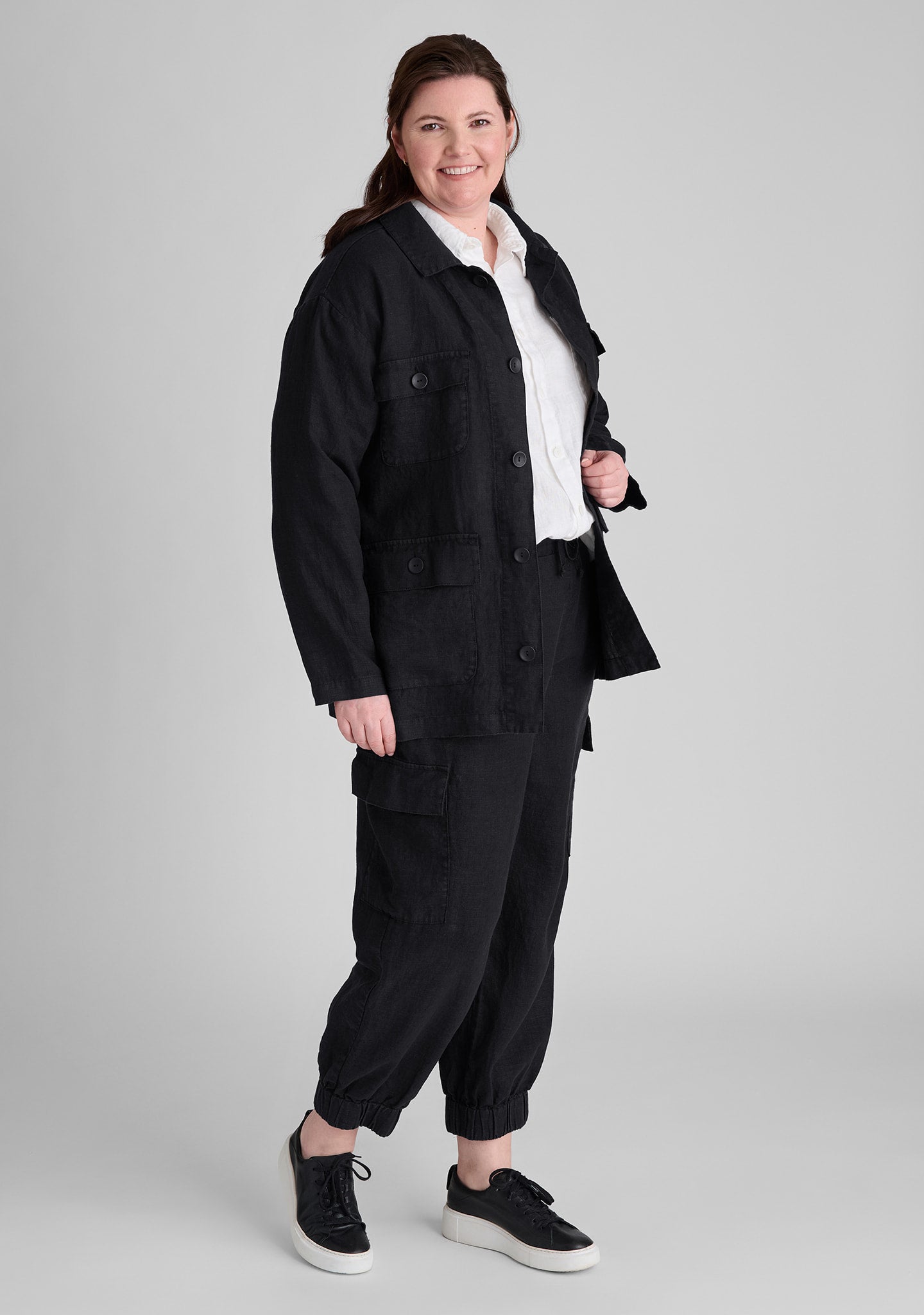 FLAX linen jacket in black with linen shirt in white and linen pants in black