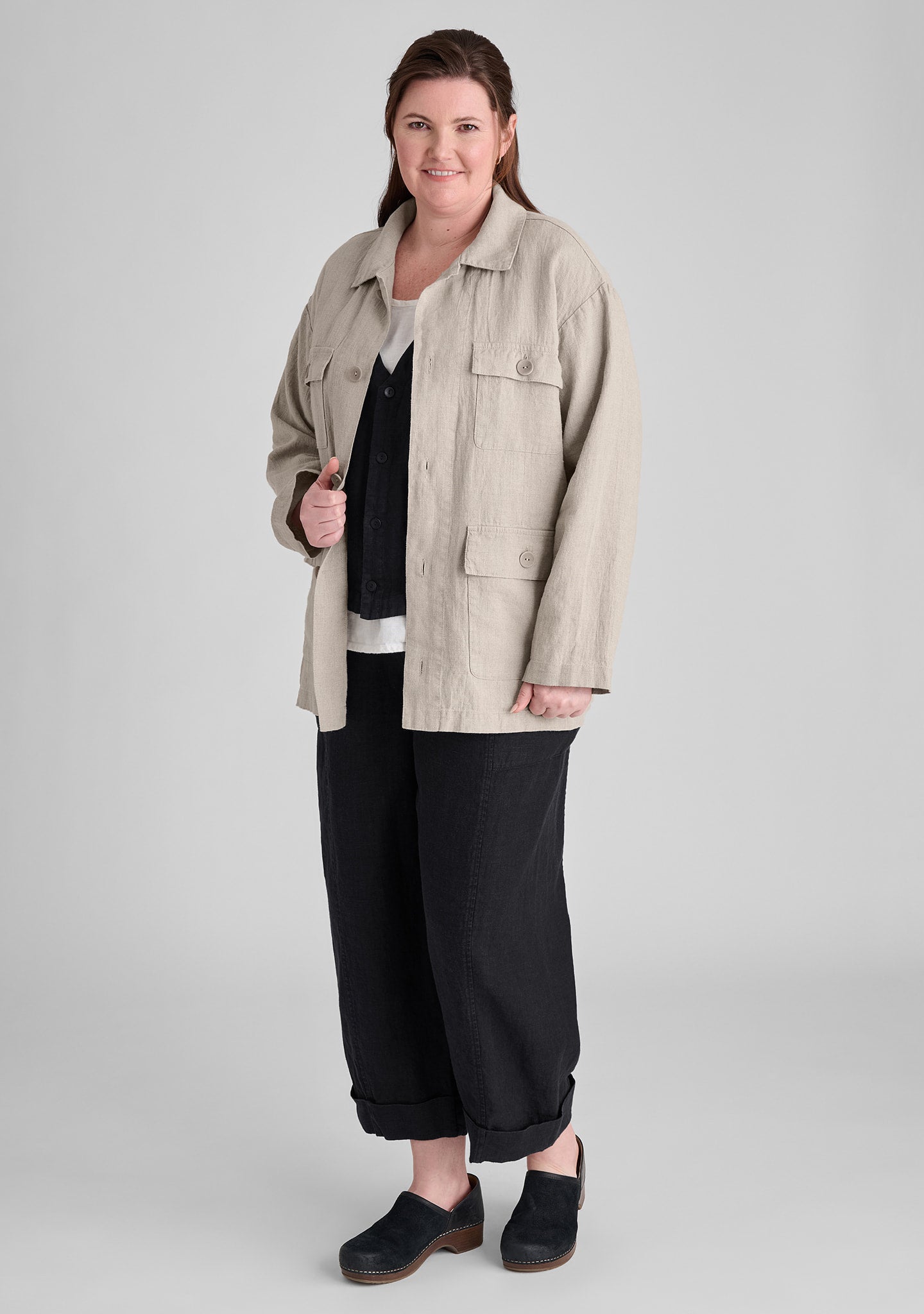 FLAX linen jacket in natural with linen vest in black and linen tank in white and linen pants in black