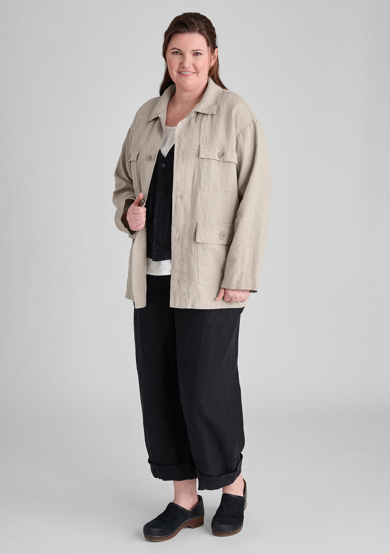 FLAX linen jacket in natural with linen vest in black and linen tank in white and linen pants in black