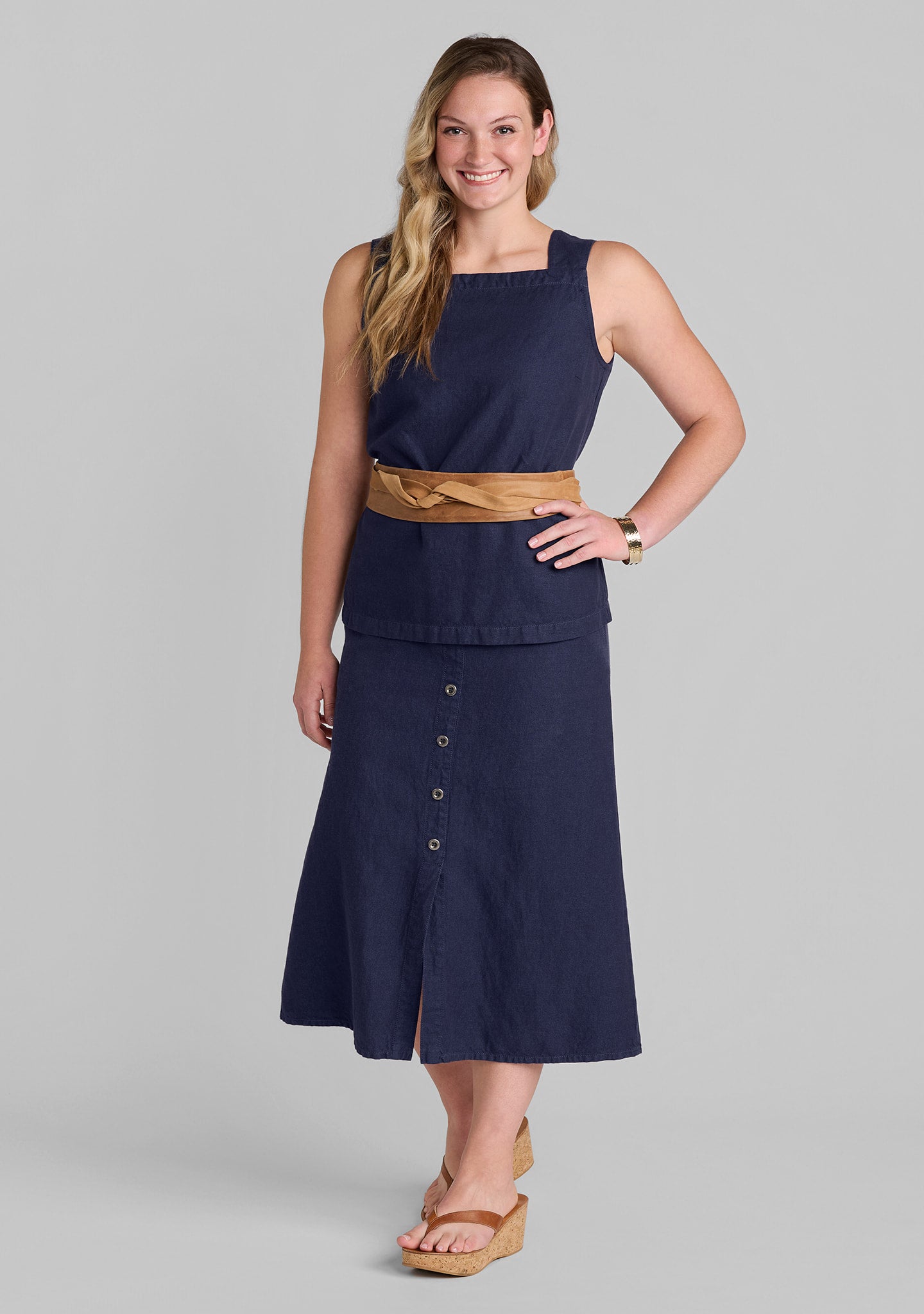 full outfit with denim skirt harlow tank linen/cotton denim blue