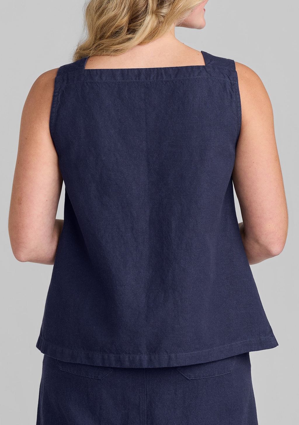 back view harlow tank linen/cotton denim details