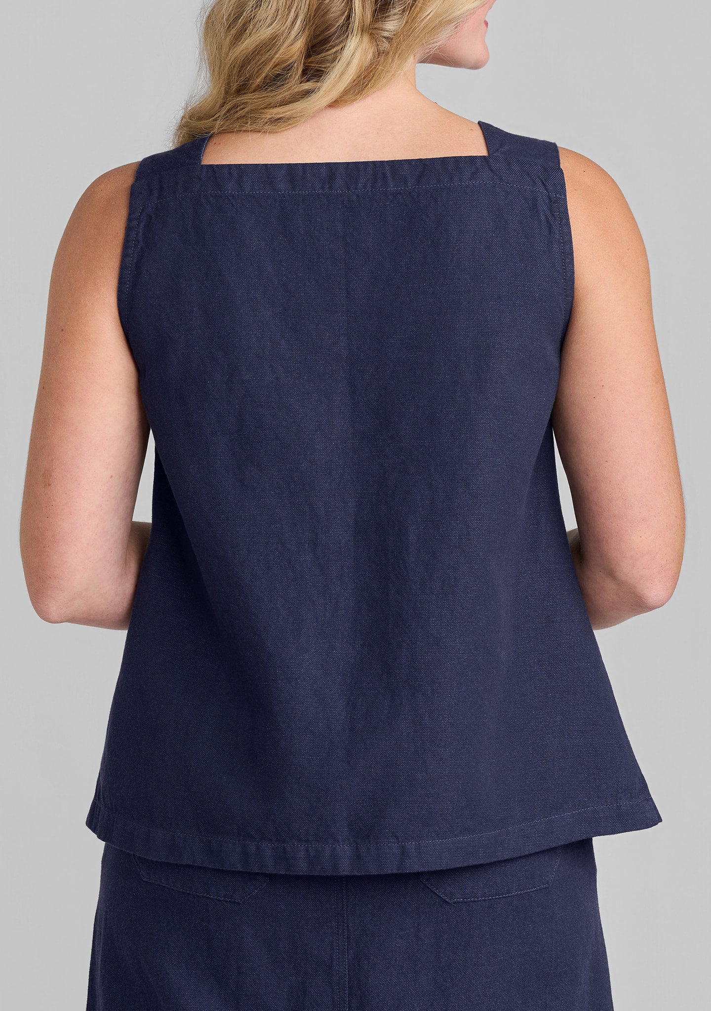 back view harlow tank linen/cotton denim details
