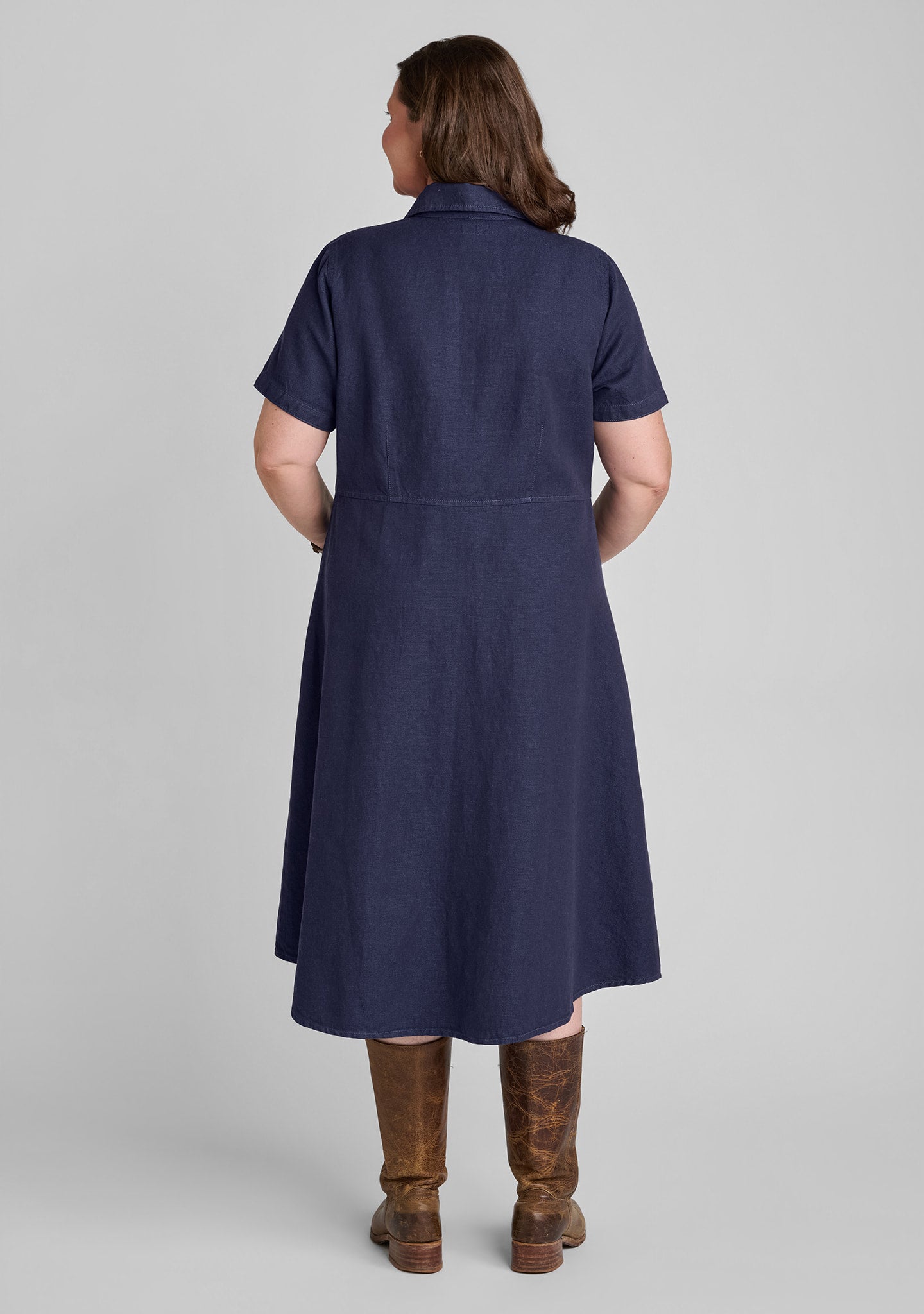 back view of denim dress in blue