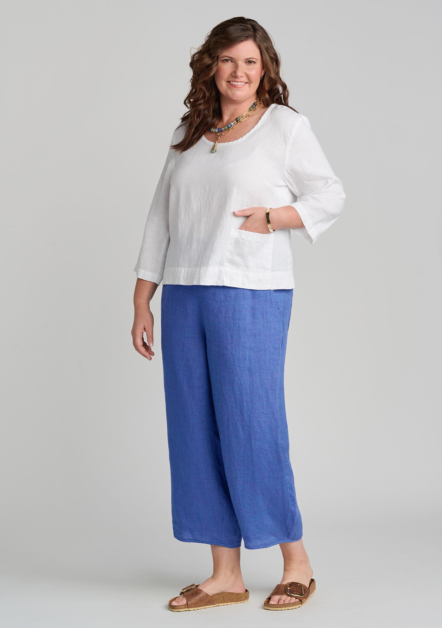 FLAX linen shirt in white with linen pants in blue
