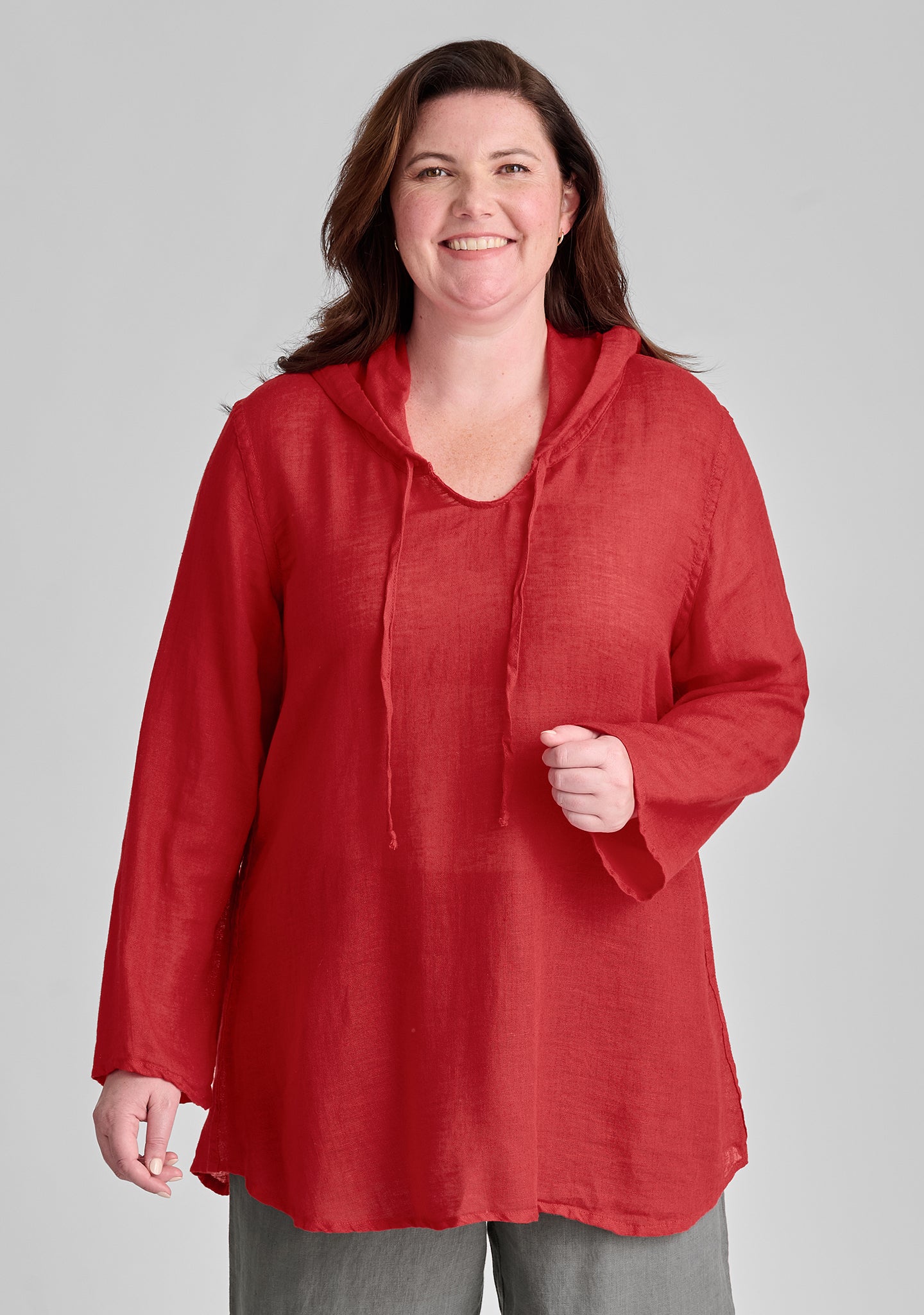 hooded tunic linen shirt red