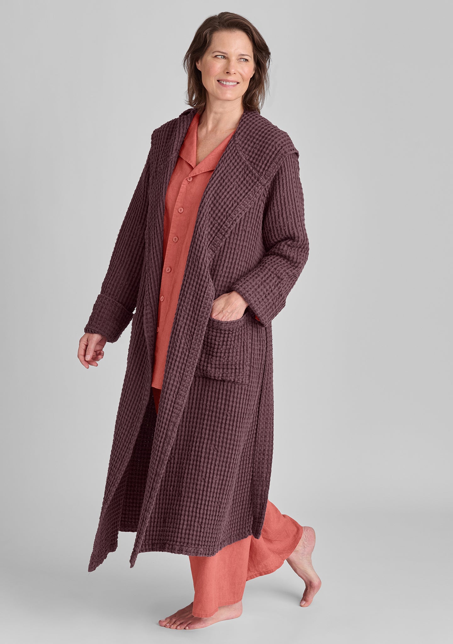 hooded wrapper linen robe purple