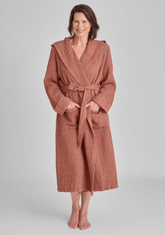 hooded wrapper linen robe pink