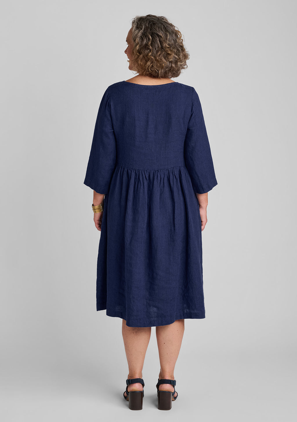 back view of blue linen dress