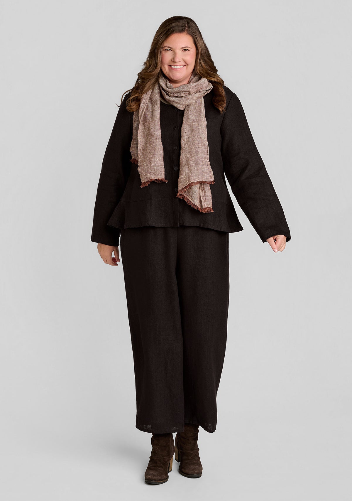 FLAX linen cardigan in brown with cropped linen pants in brown