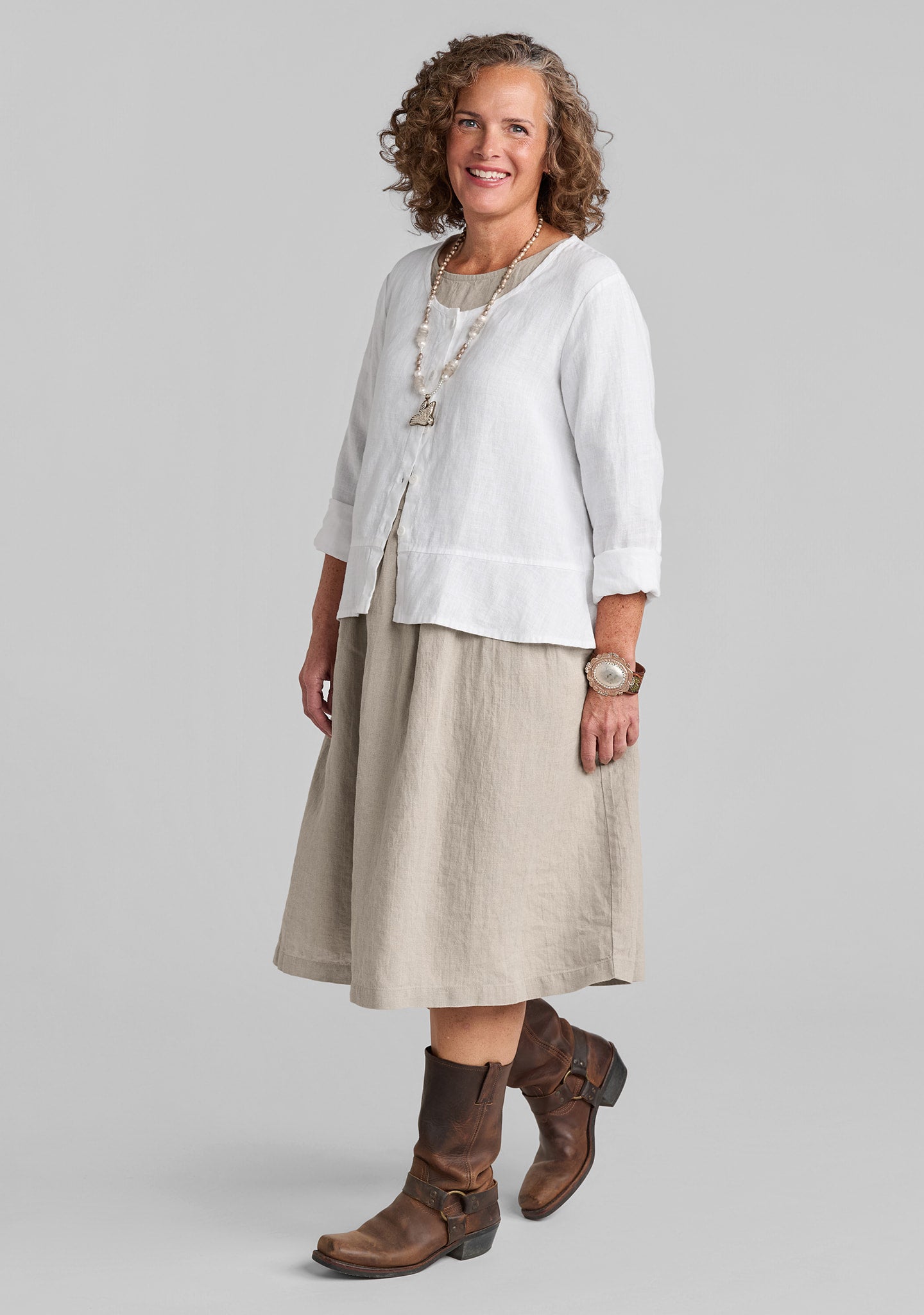 FLAX linen shirt in white with linen dress in natural