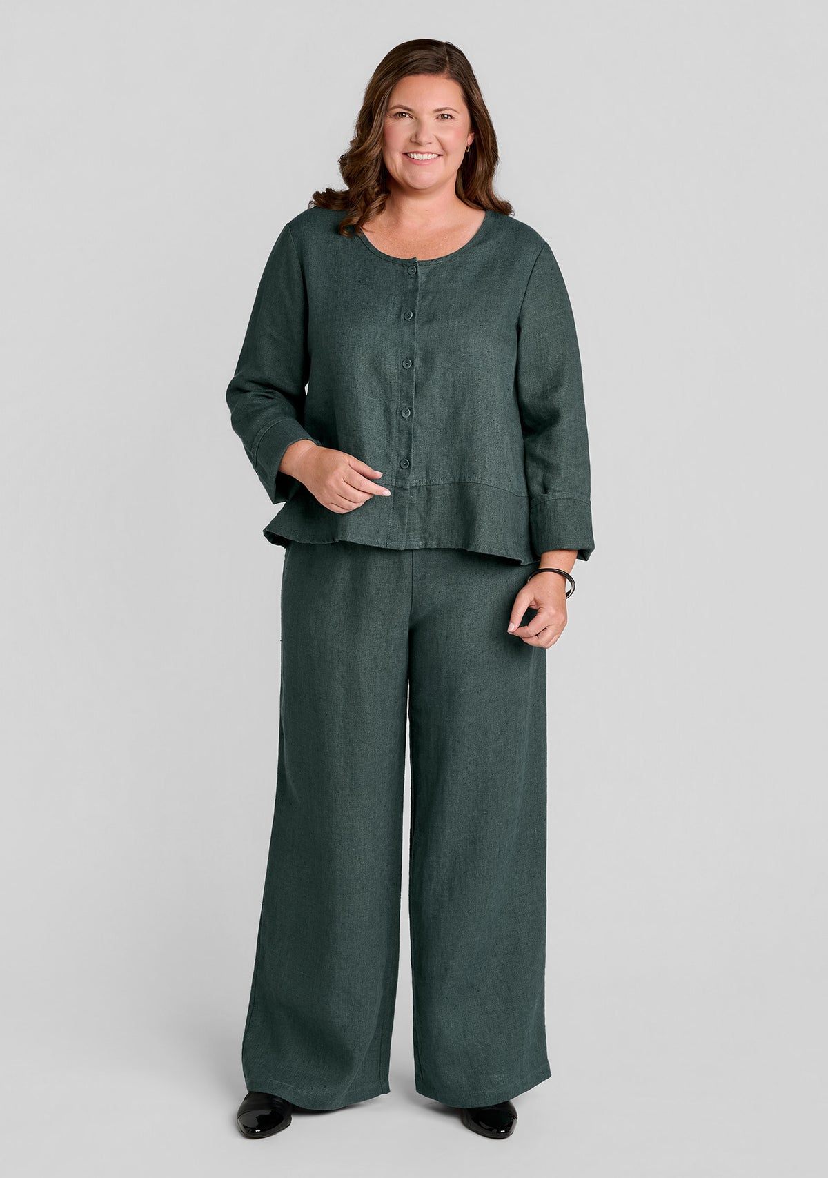 FLAX linen cardigan in green with linen bottoms in green