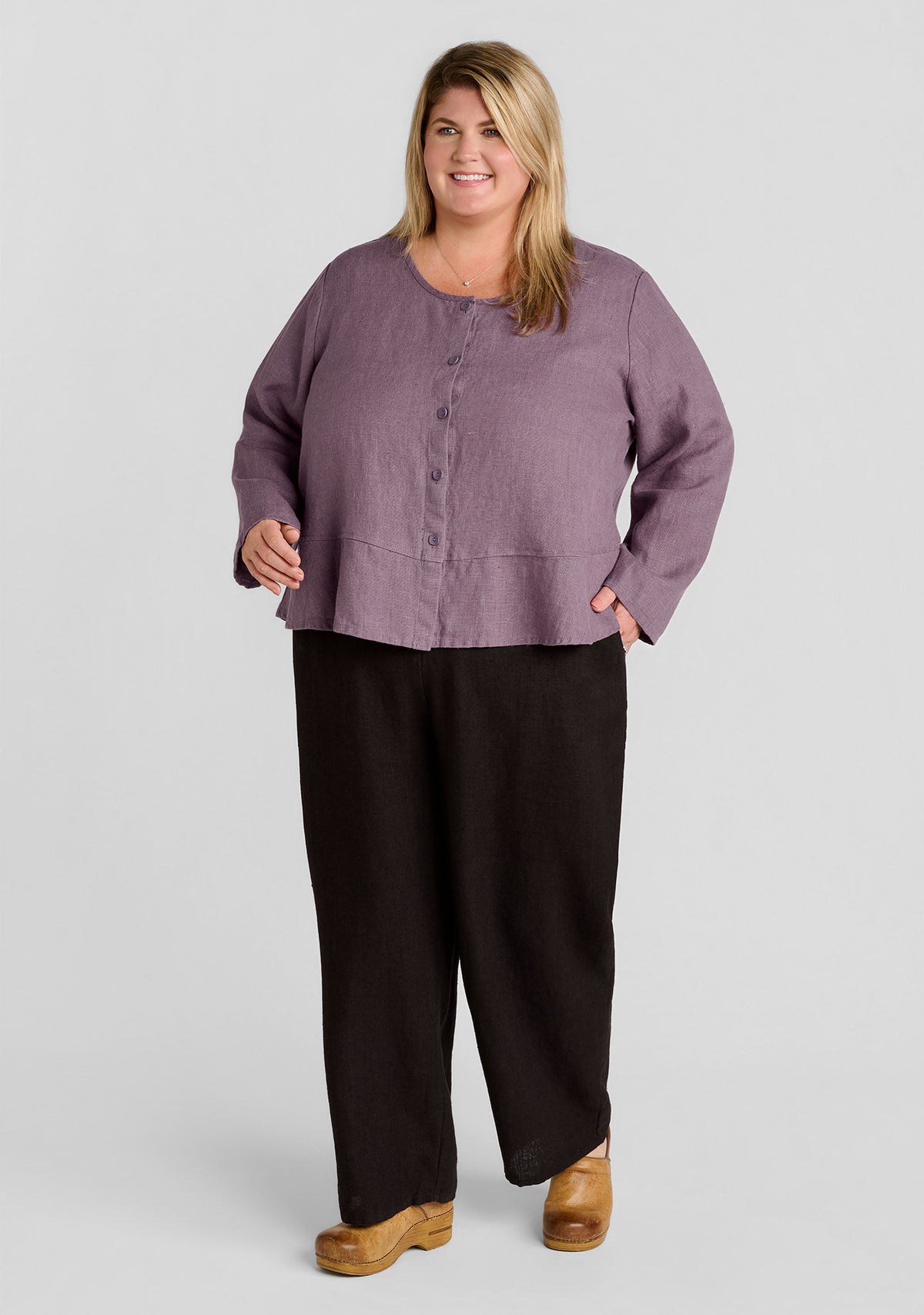 FLAX linen cardigan in purple with cropped linen pants in brown