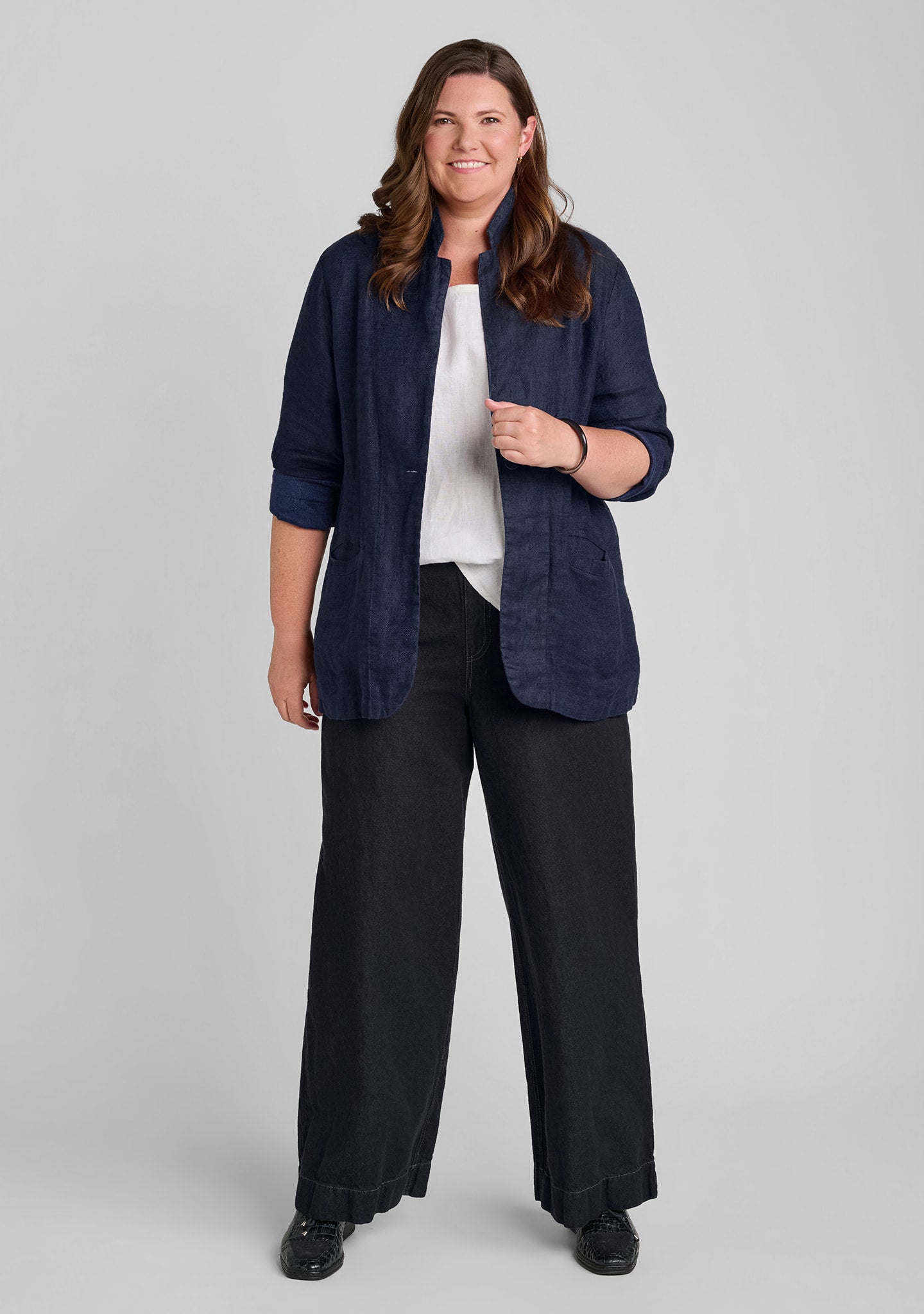 FLAX linen blazer in blue with linen tee in white and denim trouser in black