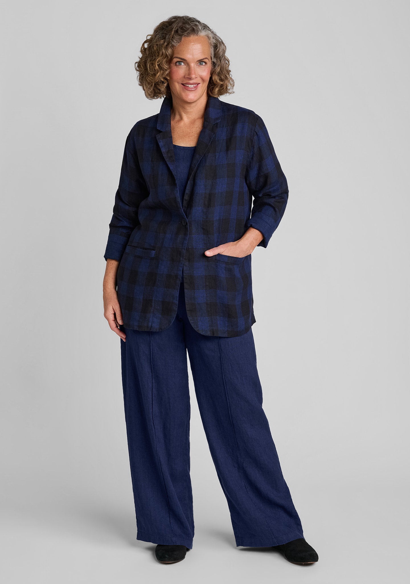 FLAX linen blazer in blue plaid with linen shirt in blue and linen pants in blue