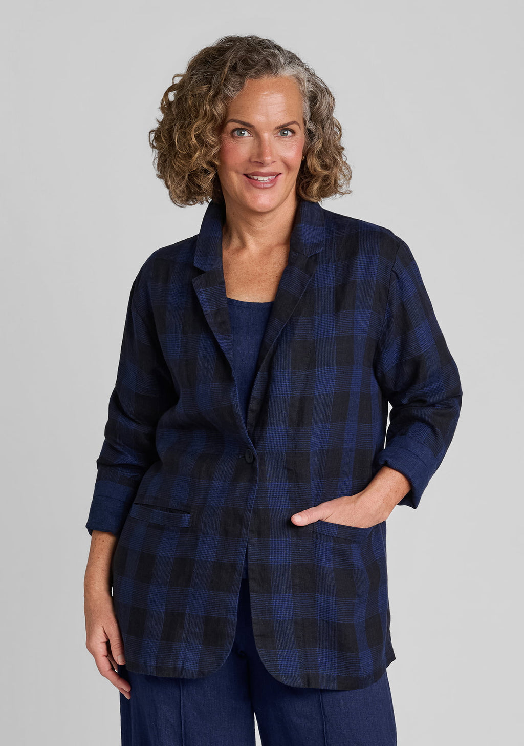 kates blazer linen jacket blue plaid
